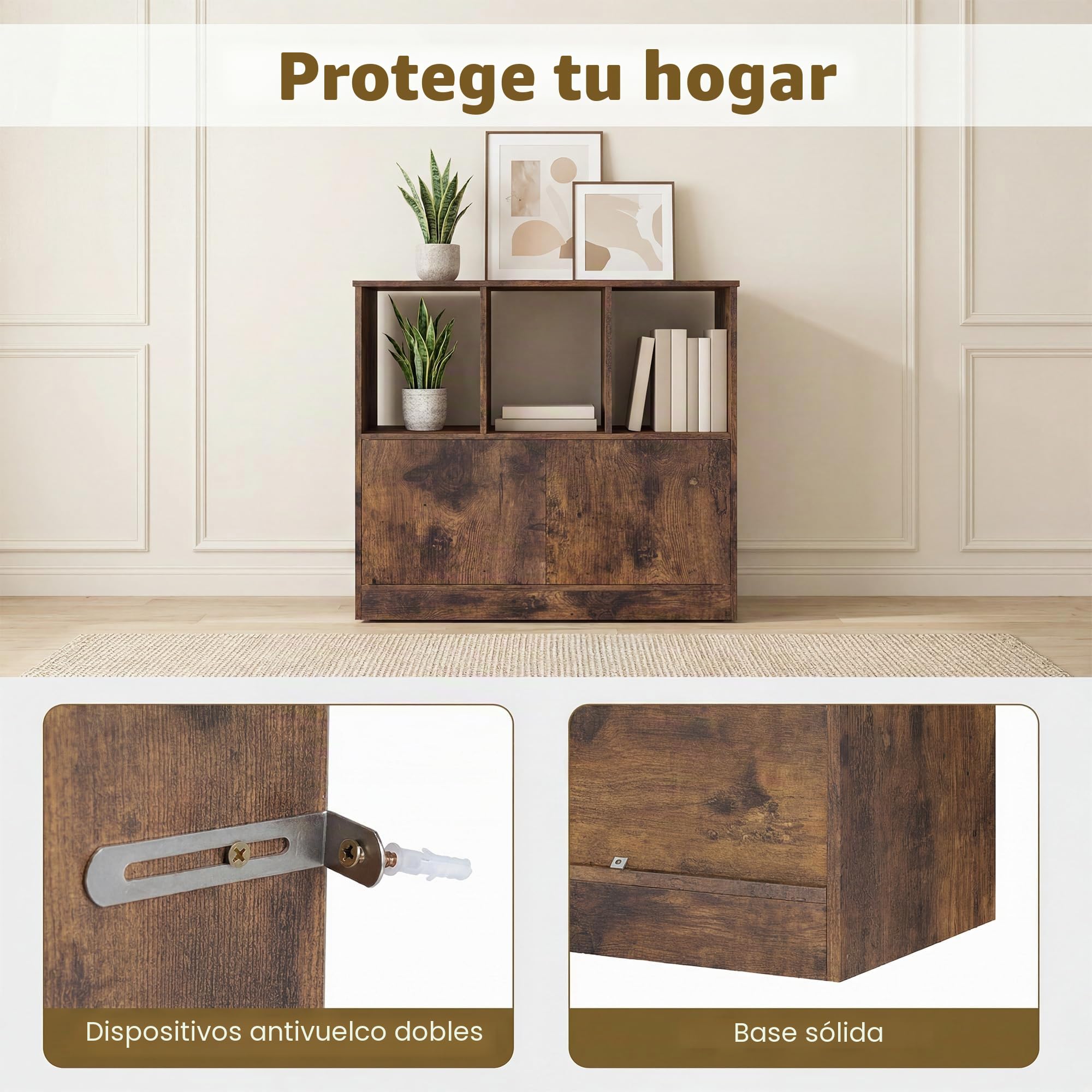 KOMFOTTEU Librería con 3 Compartimentos Abiertos, Estantería para Libros con Armario de Puertas, Mueble de Almacenamiento con Dispositivo Antivuelco para Salón, Oficina, 70 x 30 x 70 cm (Marrón)