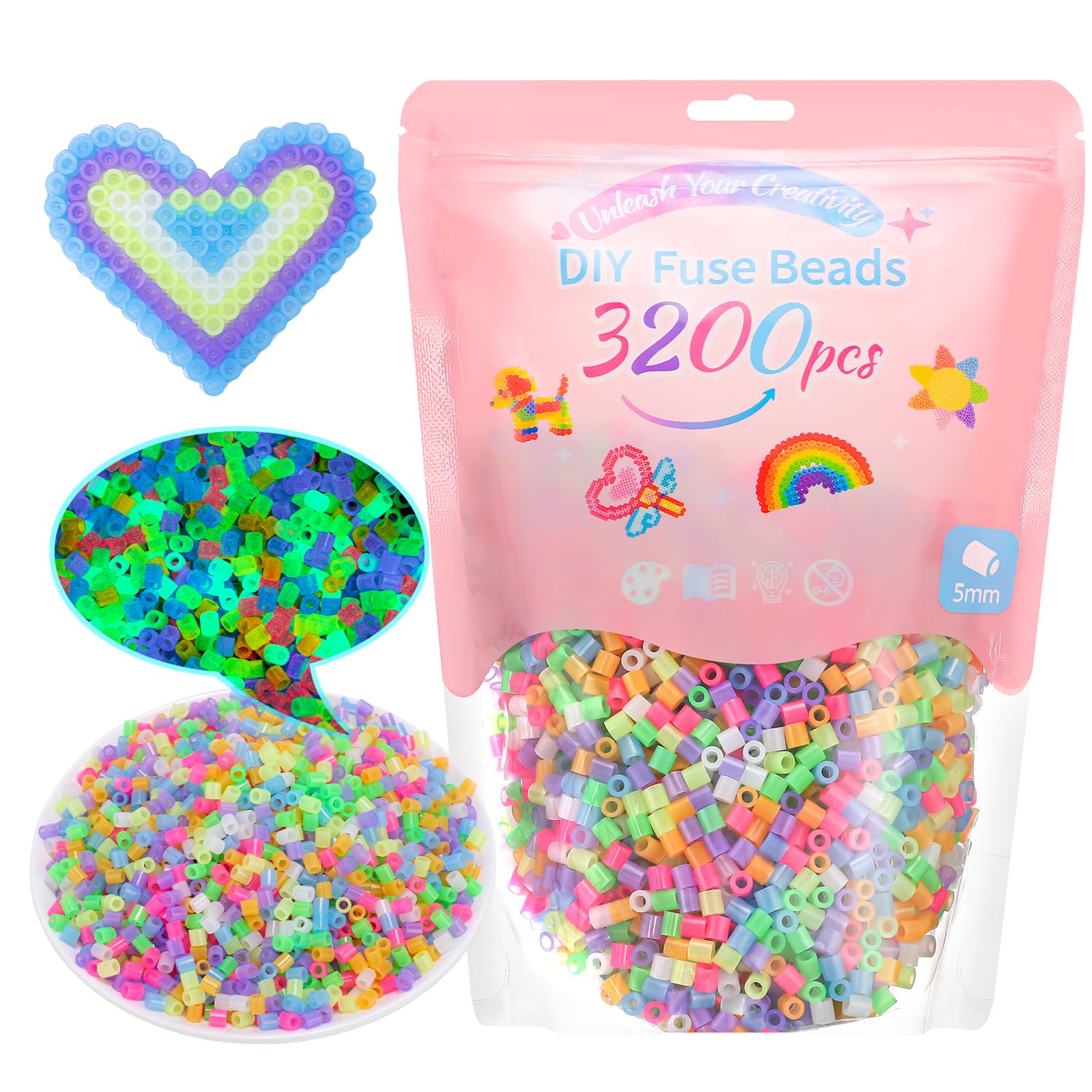 VynyQoo Bügelperlen Leuchtend im Dunkeln, 3200 Stück in 7 Farben, 5mm DIY Steckperlen für Kinder 6+, Glitzer Bügelperlen, Perfekt für Geburtstags-, Neujahrs- und Thanksgiving-Geschenke