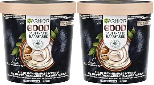Garnier GOOD Dauerhafte Haarfarbe 1.10 Mitternachts-Schwarz – Coloration ohne Ammoniak, bis zu 100% Grauabdeckung, 1 Stk. (Packung mit 2)