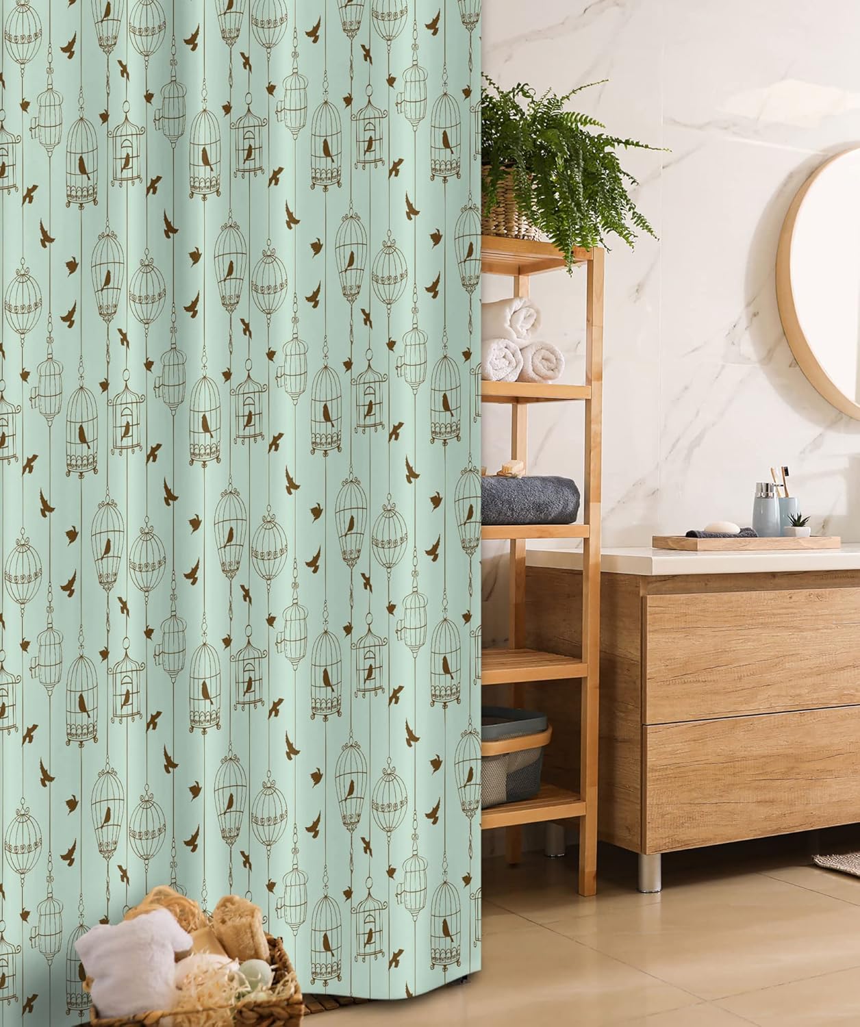 Ambesonne Vintage Stall Shower Curtain, Pattern Birds and Cages Illustration Freedom Escape Artwork, Fabric Bathroom Decor Set with Hooks, 36" W x 72" L, Mint Green Army Green