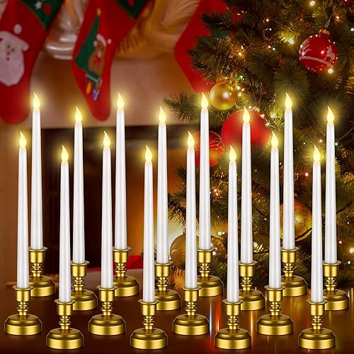 Fumete 16 velas de Navidad sin llama con base dorada, funciona con pilas, velas blancas que funcionan con pilas, candelabros LED para fiestas de