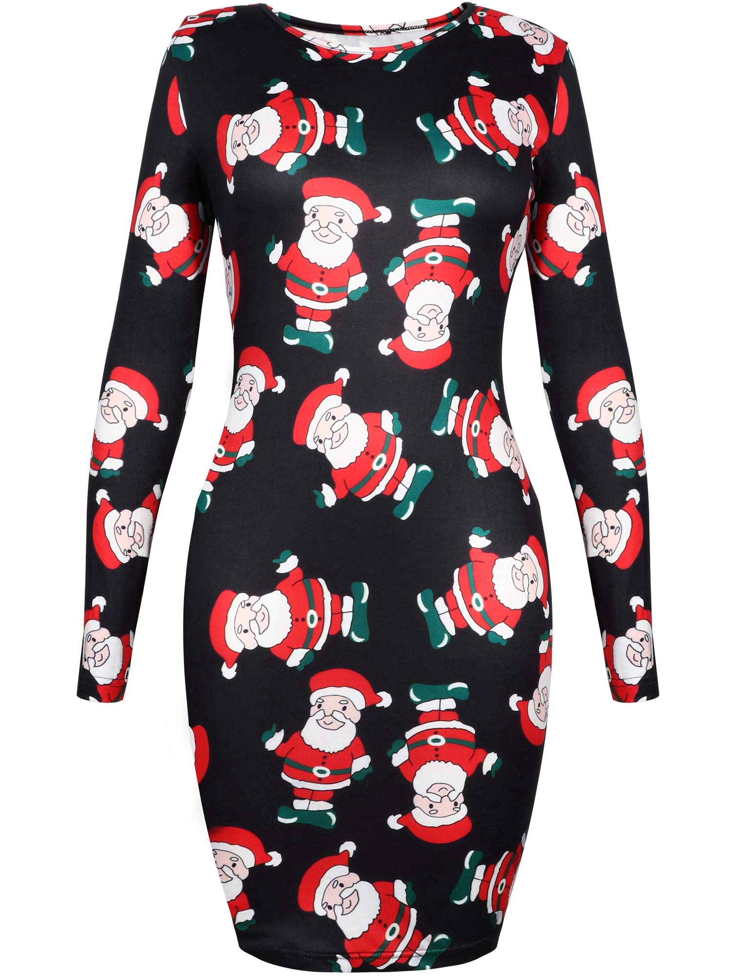 Women's Christmas Print Dress Round Neck Long Sleeve Bodycon Pencil Slim Dress Christmas Santa Dress