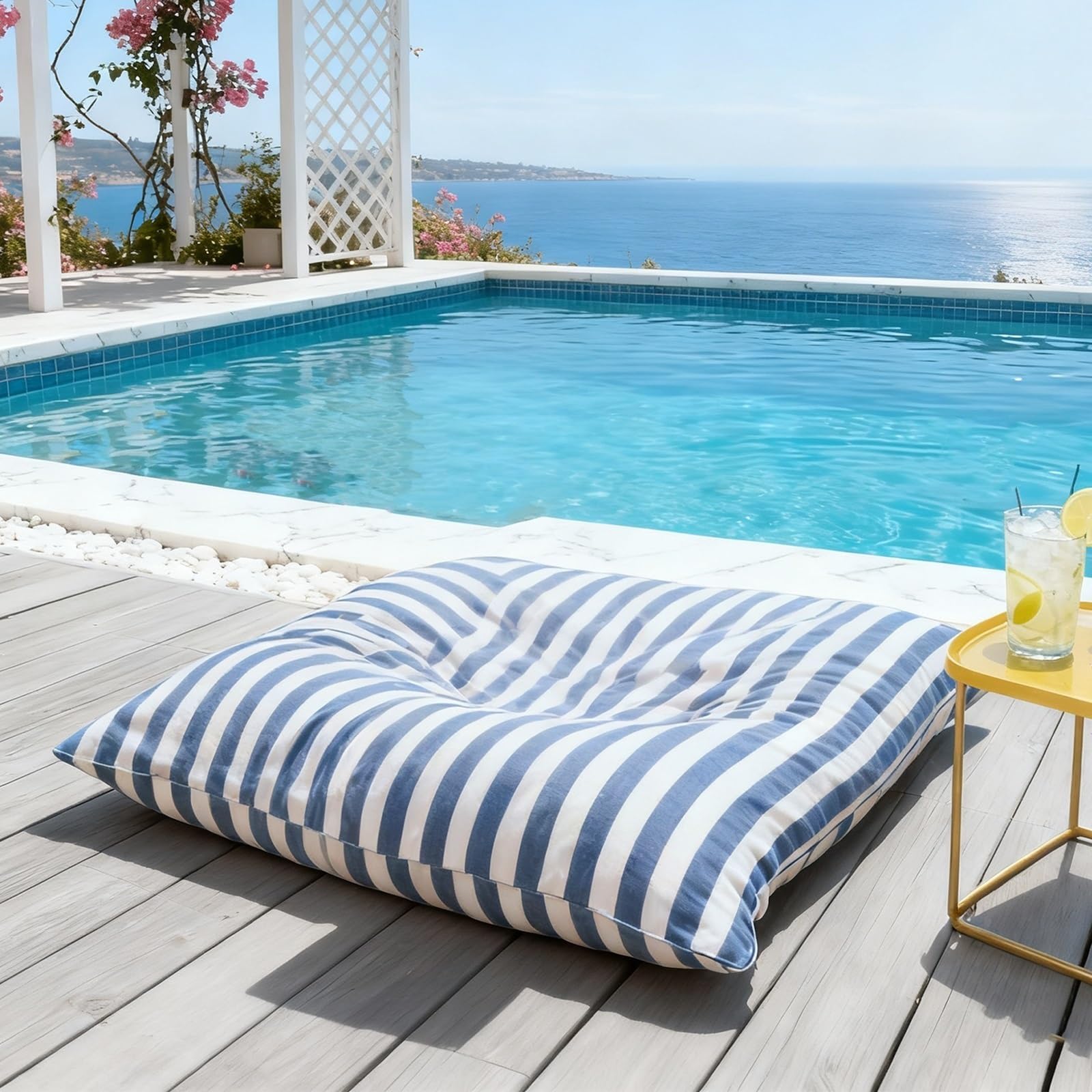 SXBCyan Outdoor Sitzsack Bezug (ohne füllung) Quadratischer Sitzsack for den Pool schwimmender großer Sessel, Liegestuhl, großer Bade- und Strandsessel, wasserdicht, für Erwachsene(Navy Blue-Stripe)