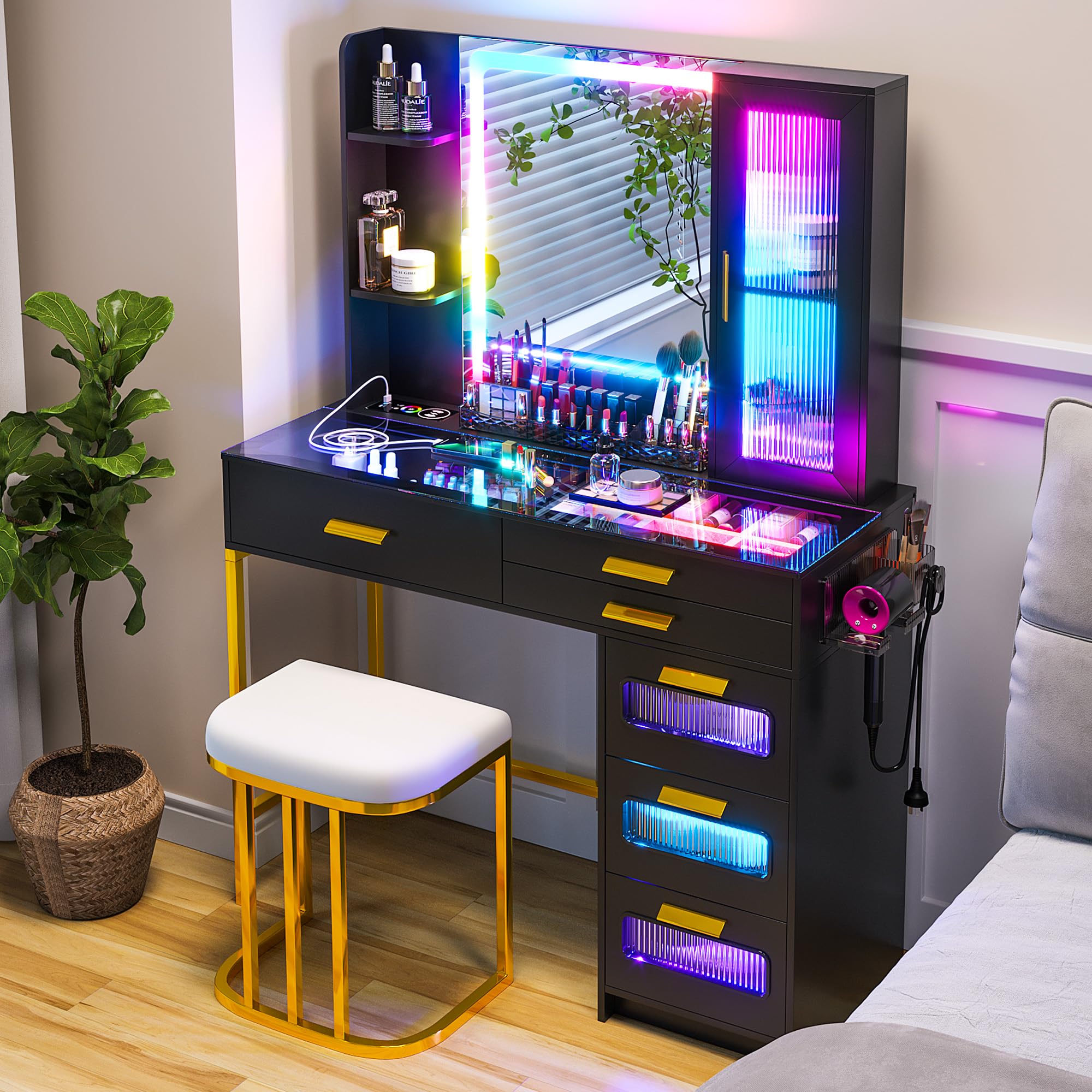 HENBC Vanity with Mirror and LED Lights, Glass Top Vanity Desk with Charging Station(Wireless+USB+Type-C), RGB Makeup Table Set with Stool/Makeup Organizer/6 Drawers (Black)