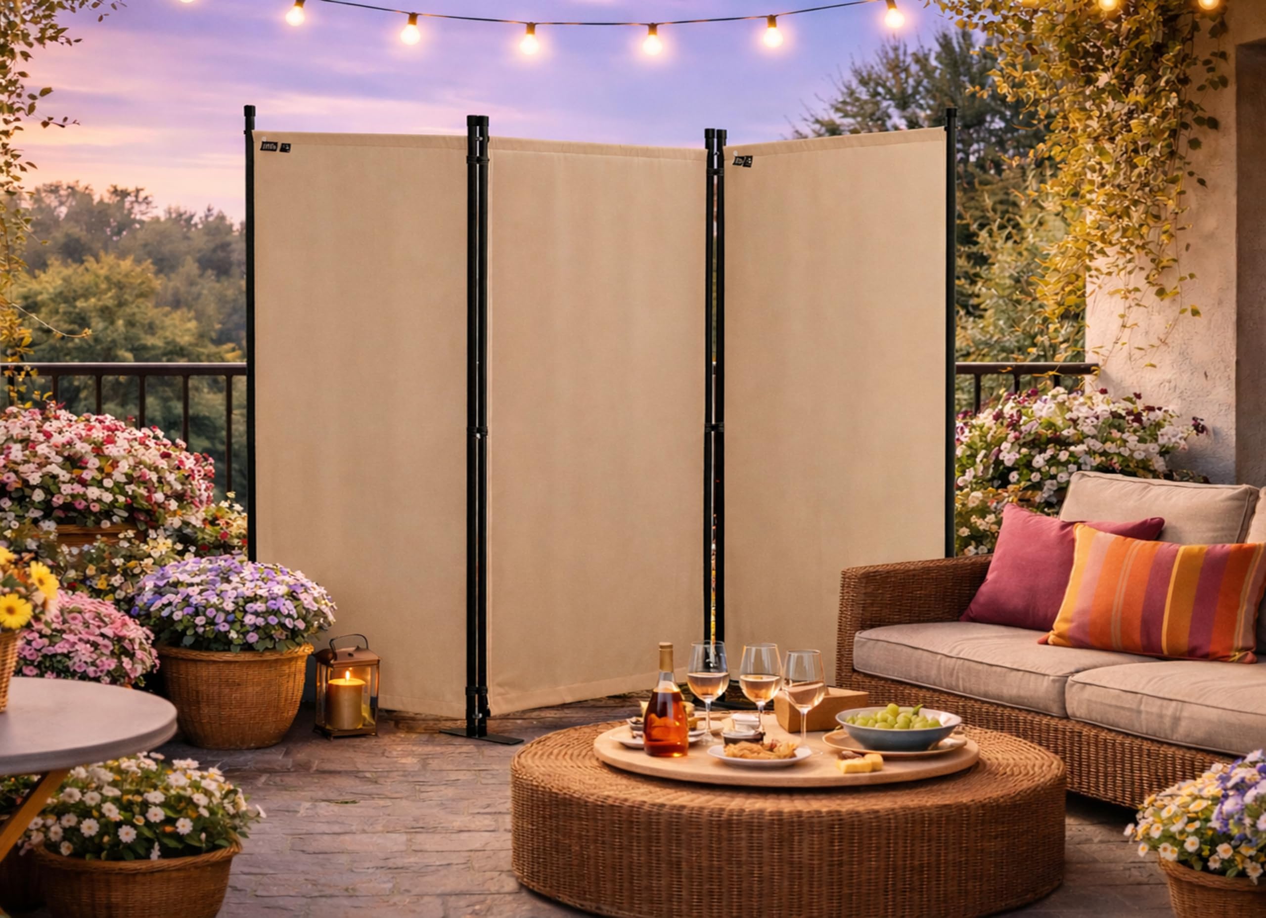 QUICK STAR Paravento da Giardino 170 x 165 cm 3 Parti Pieghevole Divisorio in Tessuto Beige