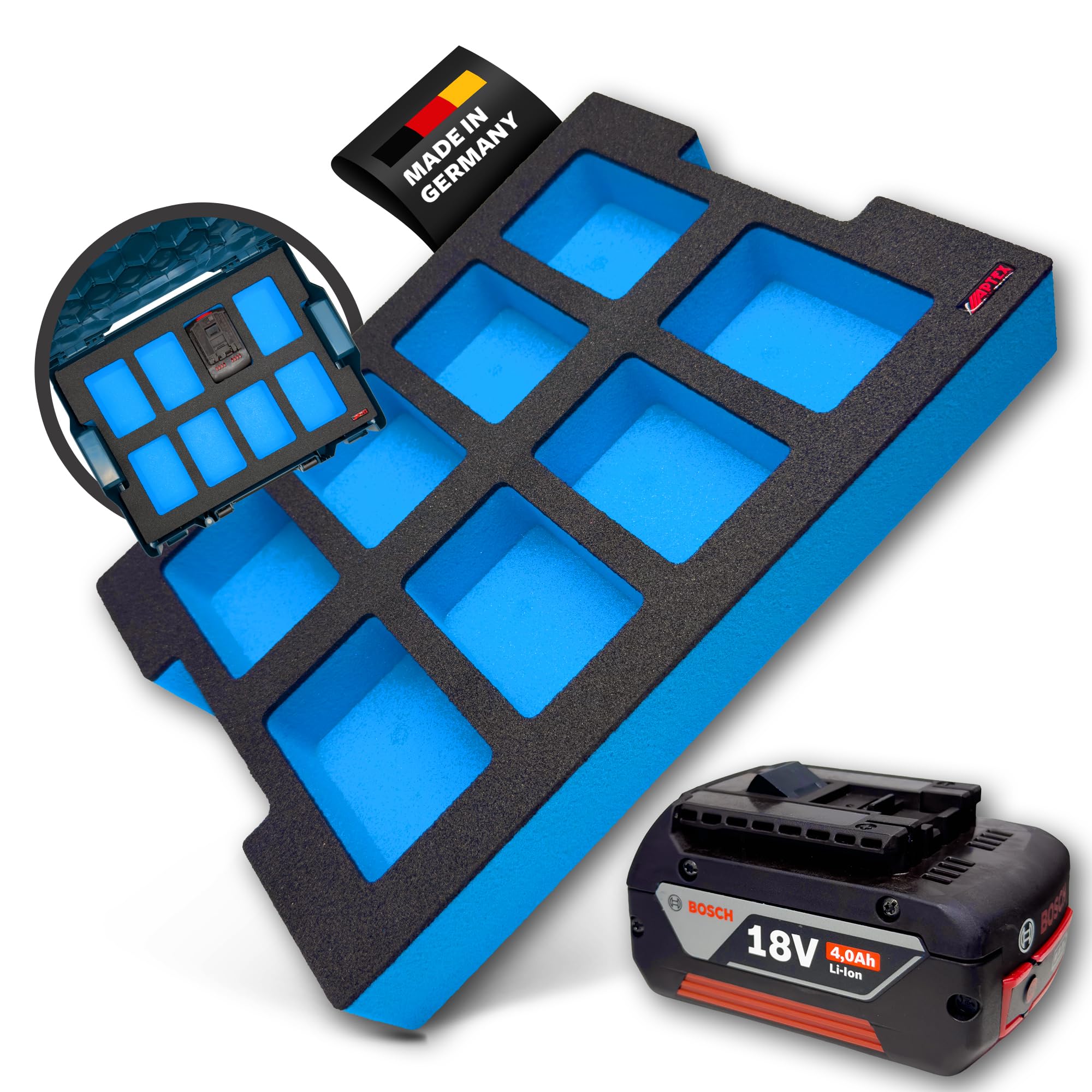 APTEX Schaumeinlage passend für 8x Bosch Akkus GBA 18V (kein ProCore) für Bosch L-Boxx