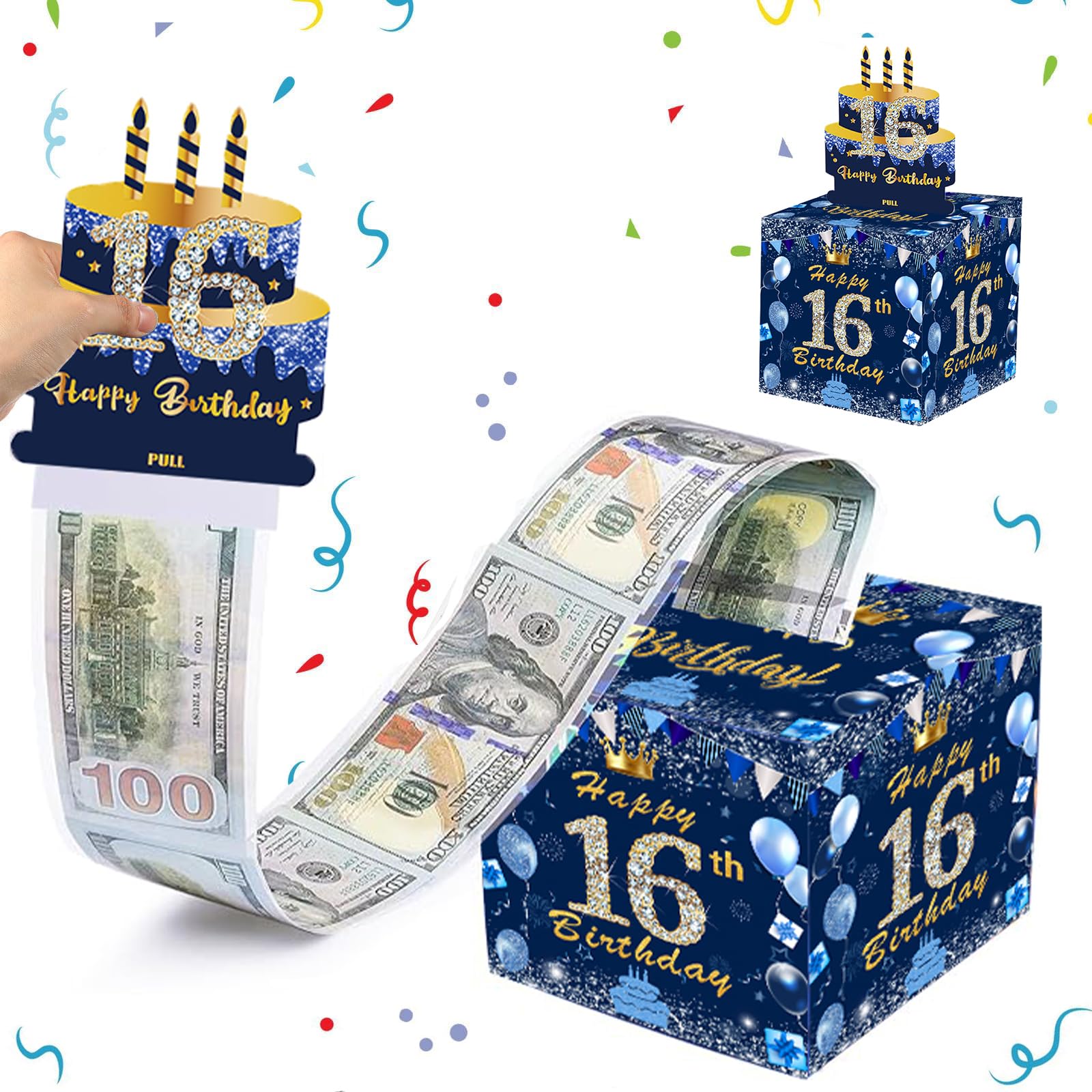 16th Birthday Money Box, Navy Blue Pull Cash Case, Surprise Money Gift Box for Boys and Girls