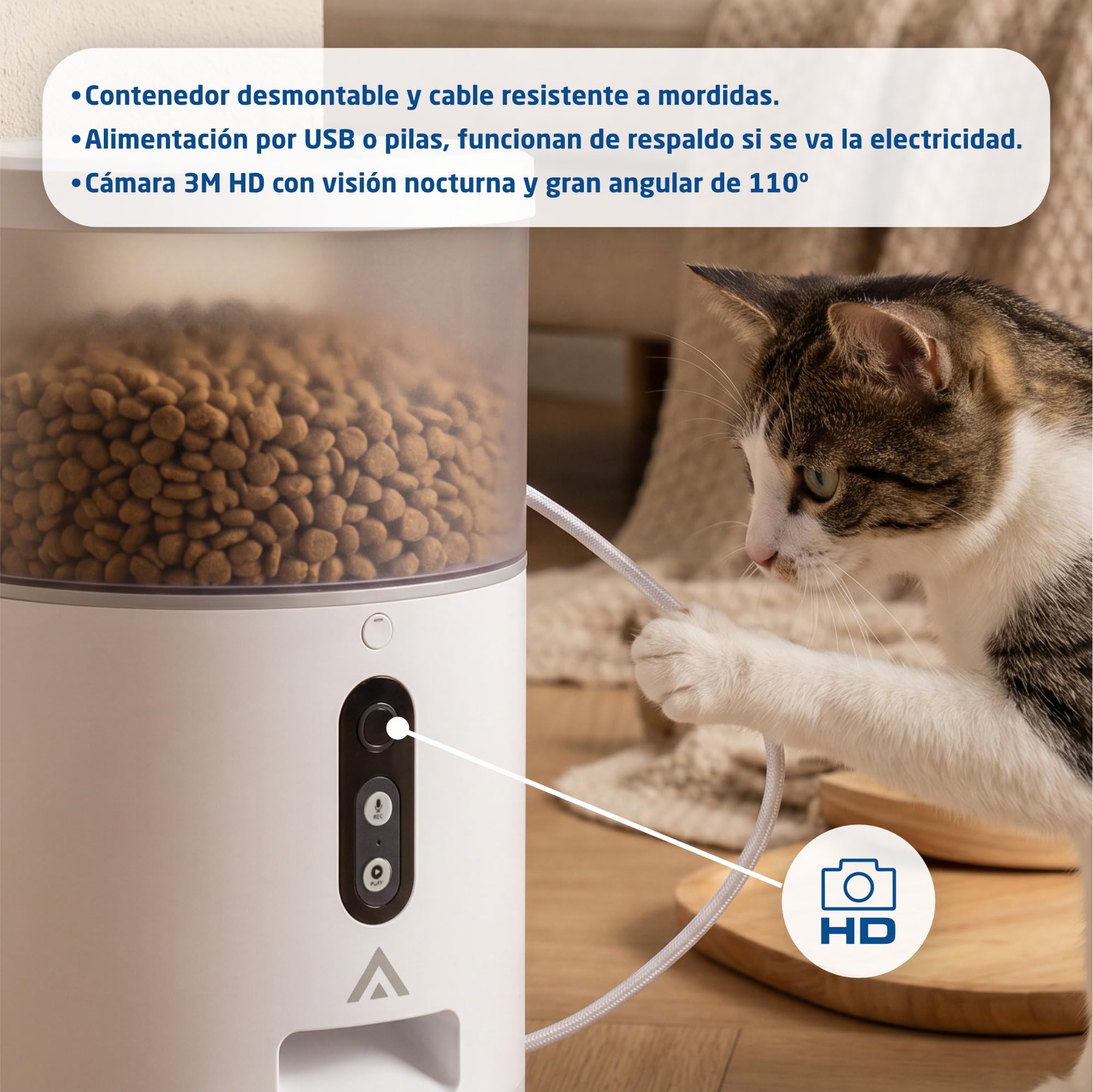 Comedero automático - 4 litros -Cámara 3MP, WiFi y App - Programación de Comida, Audio bidireccional, visión Nocturna, Carga USB-C o Pilas. para Gatos y Perros - Limpieza fácil. Mod. PF-BL4