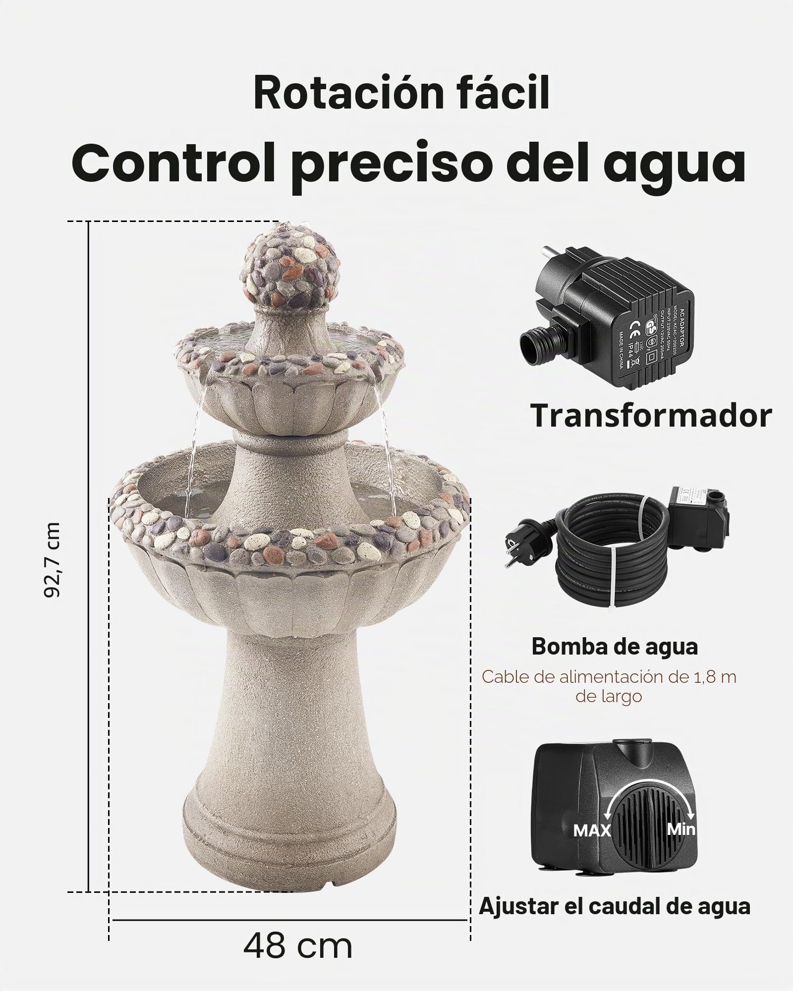 VEVOR Fuente de Agua para Exteriores, 927 mm de Altura, Fuente de Cascada de 2 Niveles de Fibra de Vidrio y Resina con Base de Roca y Bomba para Jardín, Patio, Decoración del Hogar,Gris Roca
