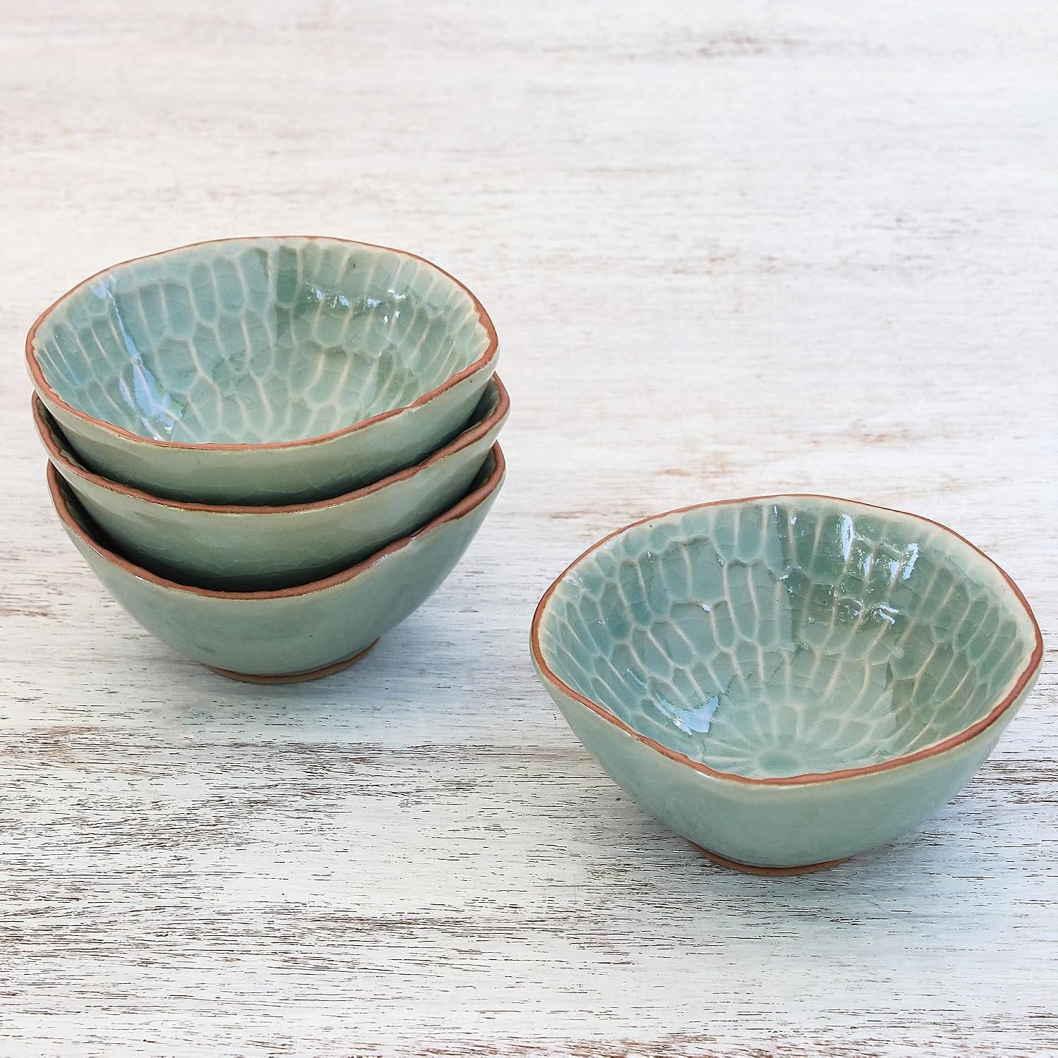 NOVICA Artisan Handmade Celadon Ceramic Appetizer Bowls from Thailand Set of 4 Green Tableware Serveware Dishes East Meets West [ 1.8in H x 3.9in W x 3.9in D 3 Oz.] ' Sunflower Dream' Set of 4