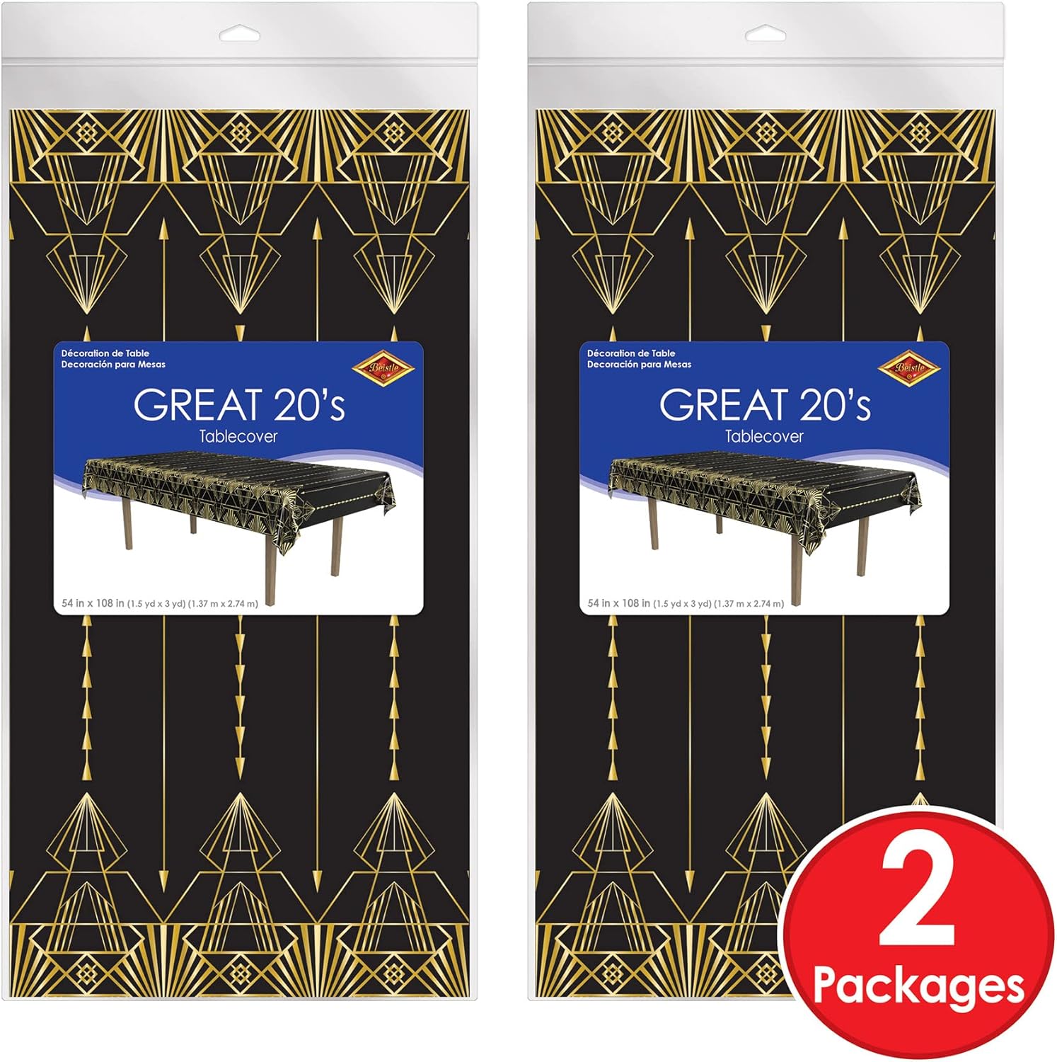 Beistle 2-Count Great 1920s Tablecover, Art Deco Decor & Table Decorations for Party, Hollywood Decor, Plastic Black & Gold Plastic Cover, 54" x 108"