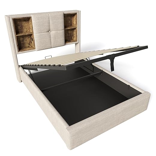Gegtuon Upholstered Bed Single Bed 90x200 with USB & Wireless Charging, Headboard with Storage Function, Bed Frame with Slatted Frame, Hydraulic Storage Bed with Storage Space, Without Mattress, Linen