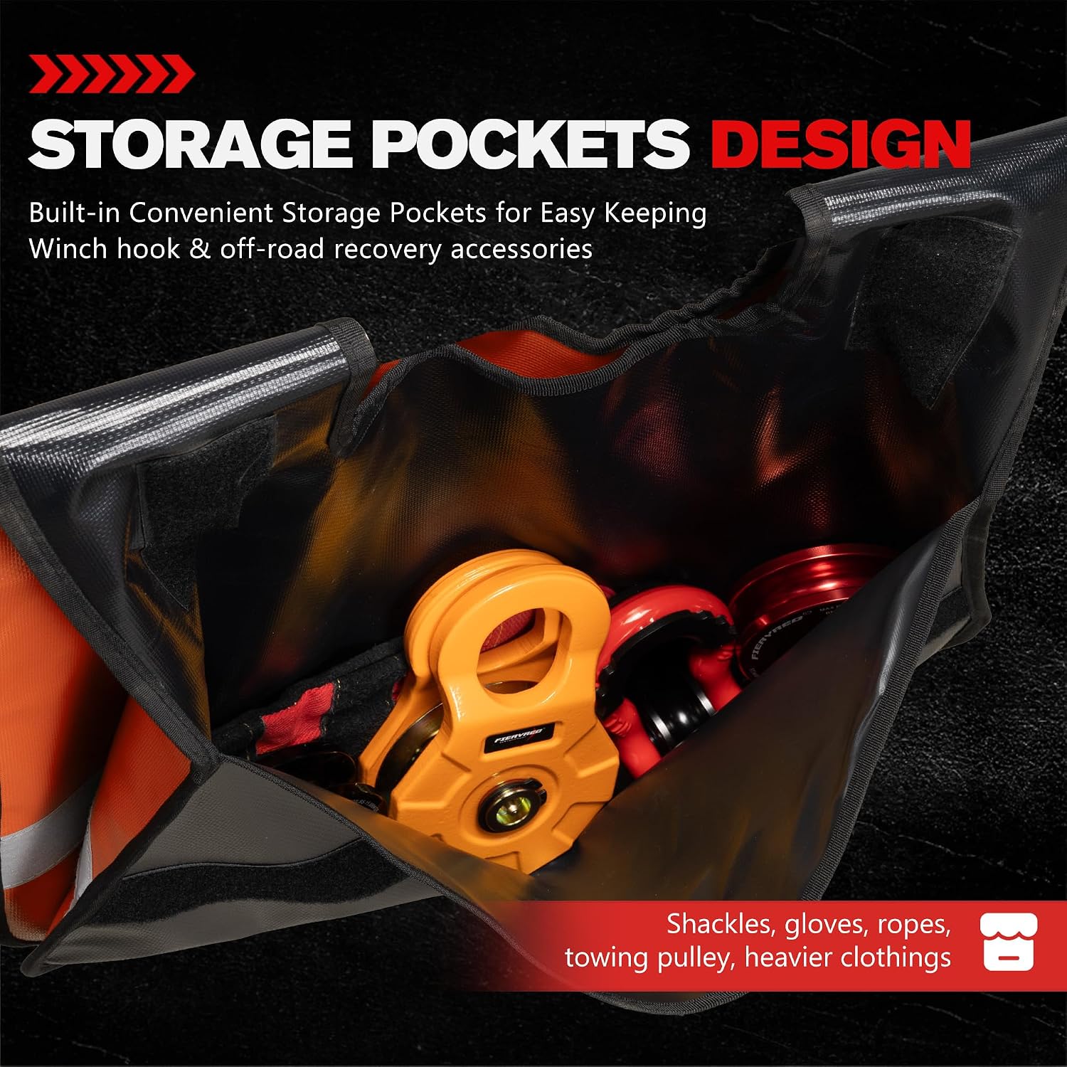 FieryRed Winch Cable Damper, Safety Winch Rope Recovery Blanket with Reflective Strips & Storage Pocket, Heavy Duty Offroad 4x4 Winch Damper for Vehicle Recovery, Orange