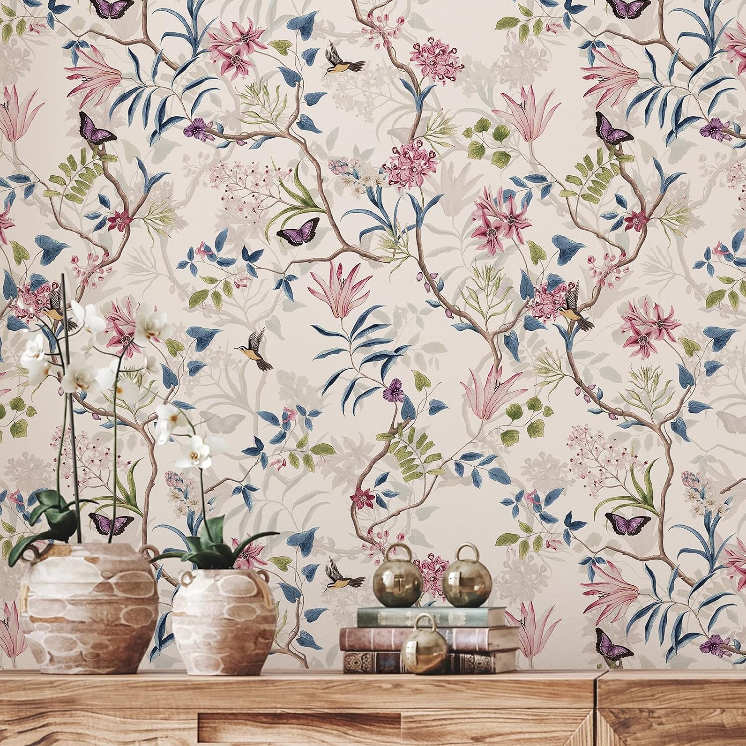 VaryPaper 17.7''x315'' Pink Floral Hummingbird Peel and Stick Wallpaper Vintage Leaf Branch Butterfly Floral Wallpaper for Bedroom Accent Walls Removable Self Adhesive Flower Contact Paper for Cabinet