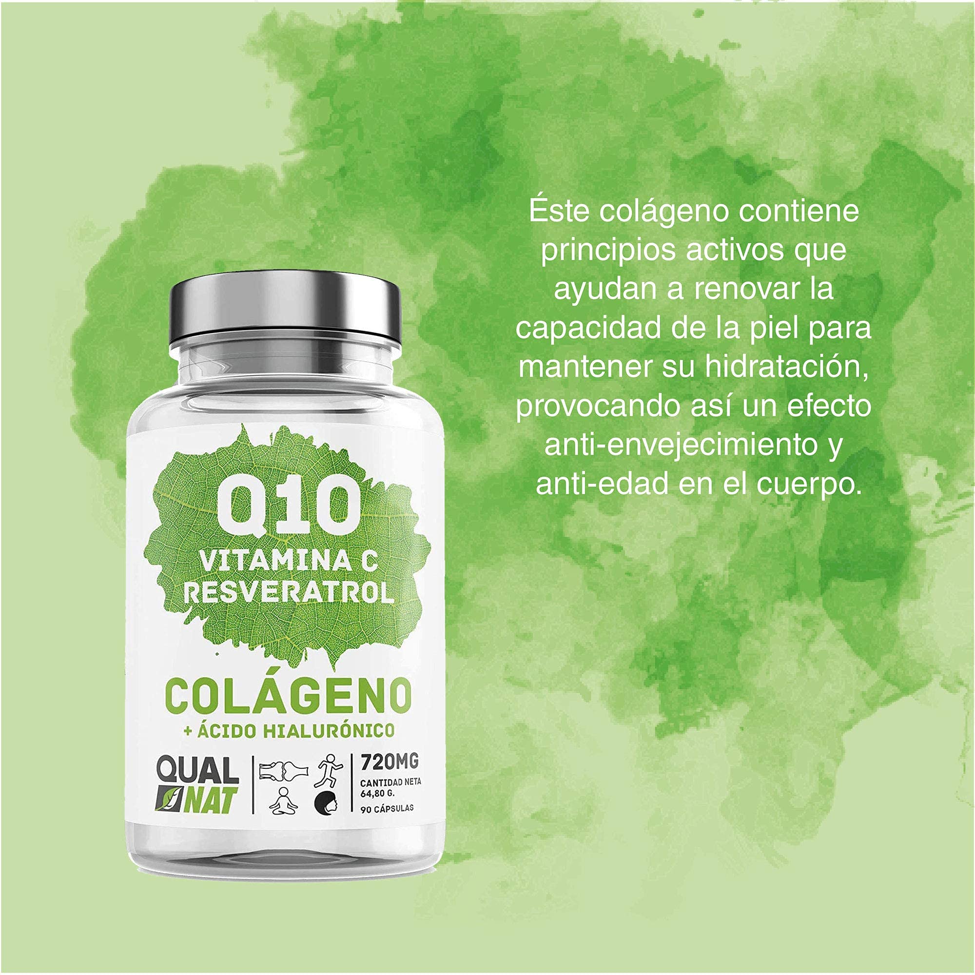 Coenzima Q10 con Resveratrol, Vitamina C, Colágeno y Ácido Hialurónico | Ayuda a Fortalecer Piel, Huesos y Articulaciones - Antioxidante - 180 Cápsulas- QUALNAT