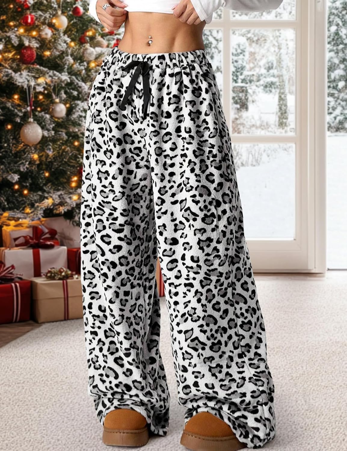 Arssm Women's Fuzzy Pajama Pants Plush Elastic Waist Wide Leg Leopard Pajama Bottoms Fluffy Pants - Image 4
