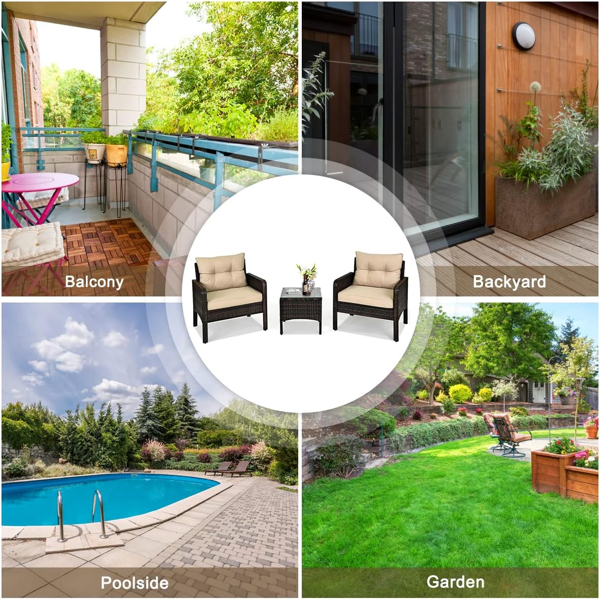 HAPPYGRILL 3 Pieces Patio Furniture Set Outdoor Rattan Wicker Coffee Table & Chairs Set with Seat Cushions Patio Conversation Set for Garden Balcony Backyard Poolside