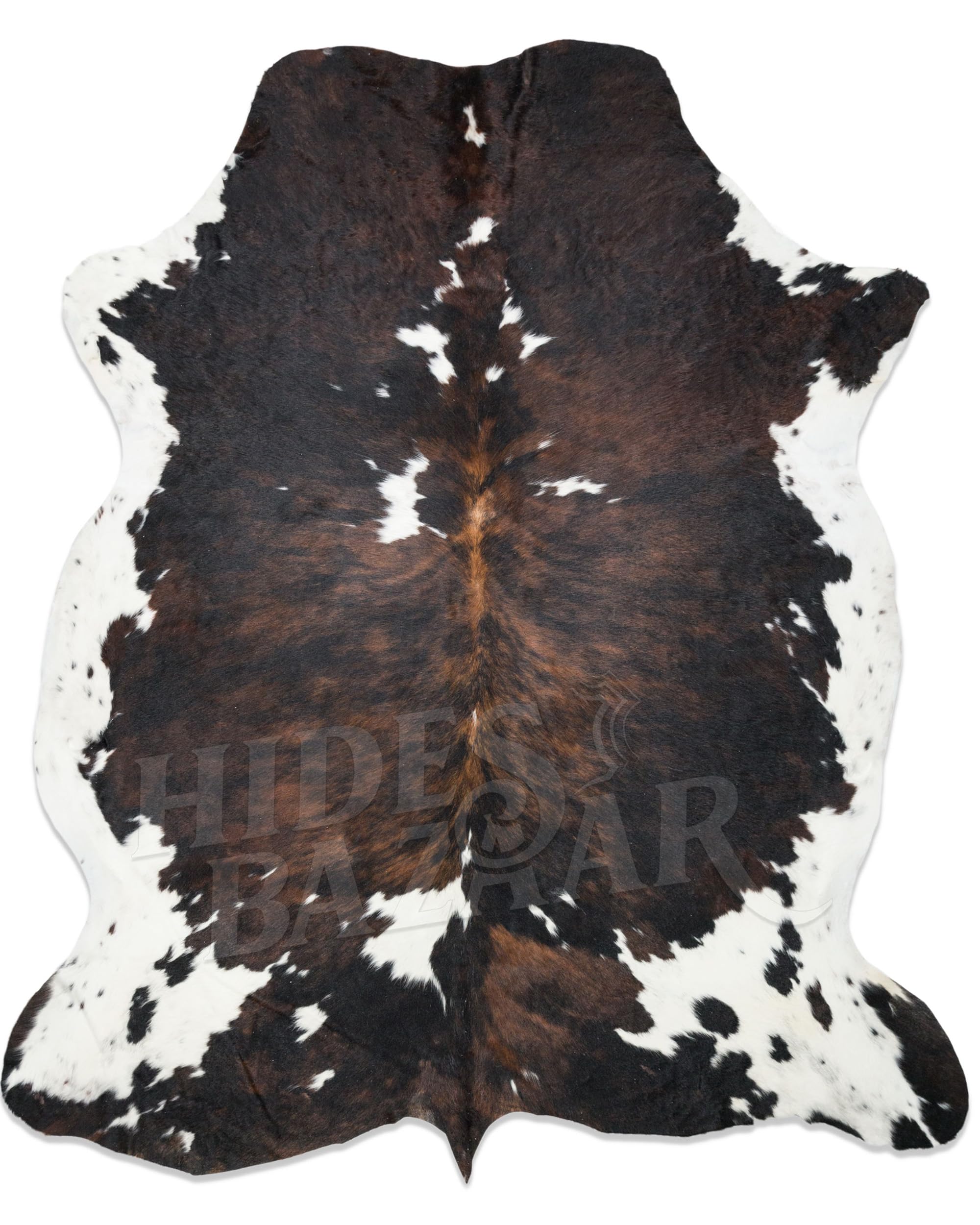 HIDES BAZAAR Natural Cowhide Rug for Home & Office Premium Dark Tricolor Cowhide Rug with Unique Dark Brown, Black & White Patterns- Cow Hide Rugs Made with Tanned Leather - Cow Hide Rugs 6x6-7 ft