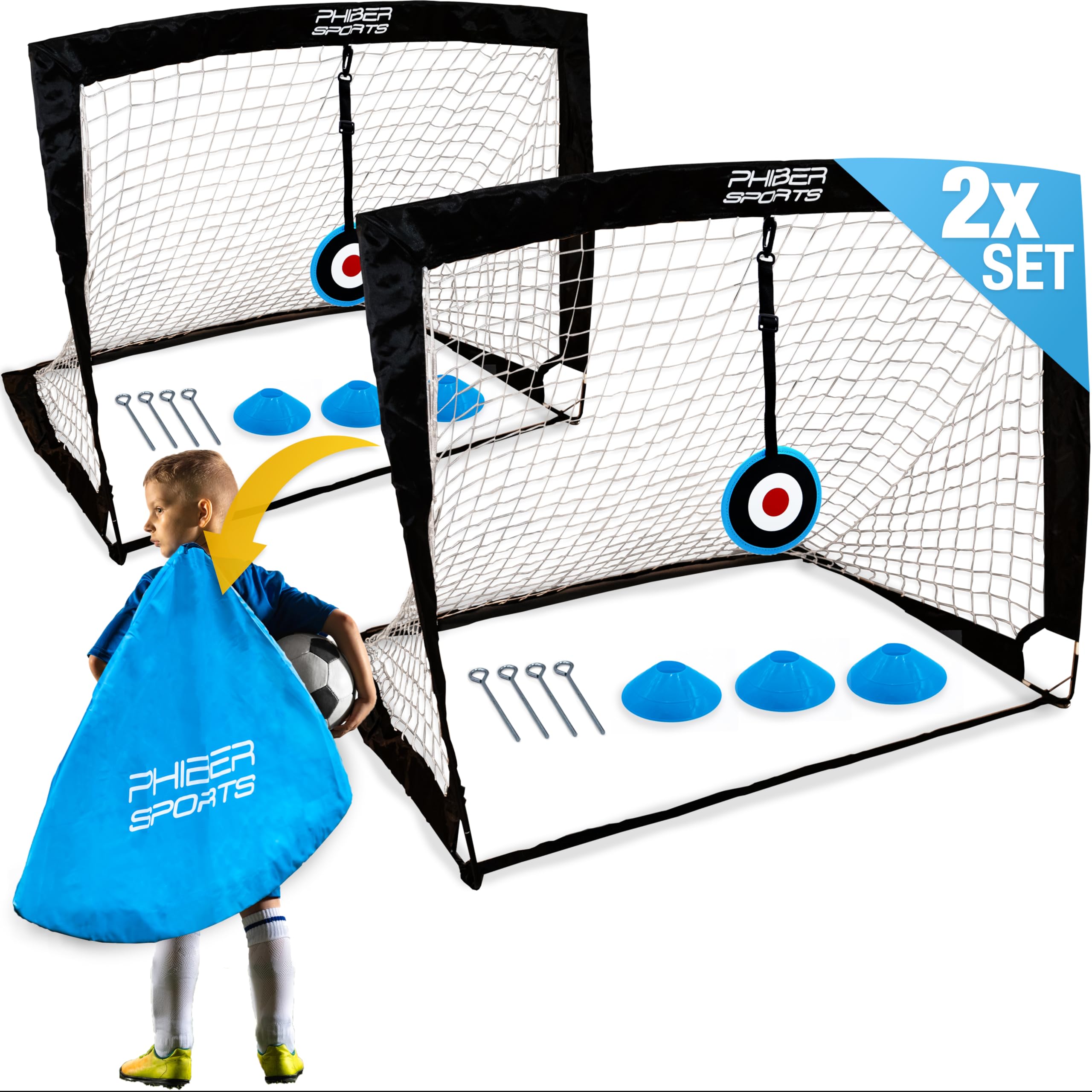 PHIBER-SPORTS Set di porte da calcio per bambini per 2 persone - Versione migliorata 2026 con pali in fibra di vetro rinforzati - Incl. borsa per il trasporto, 6x coni, 2x bersaglio