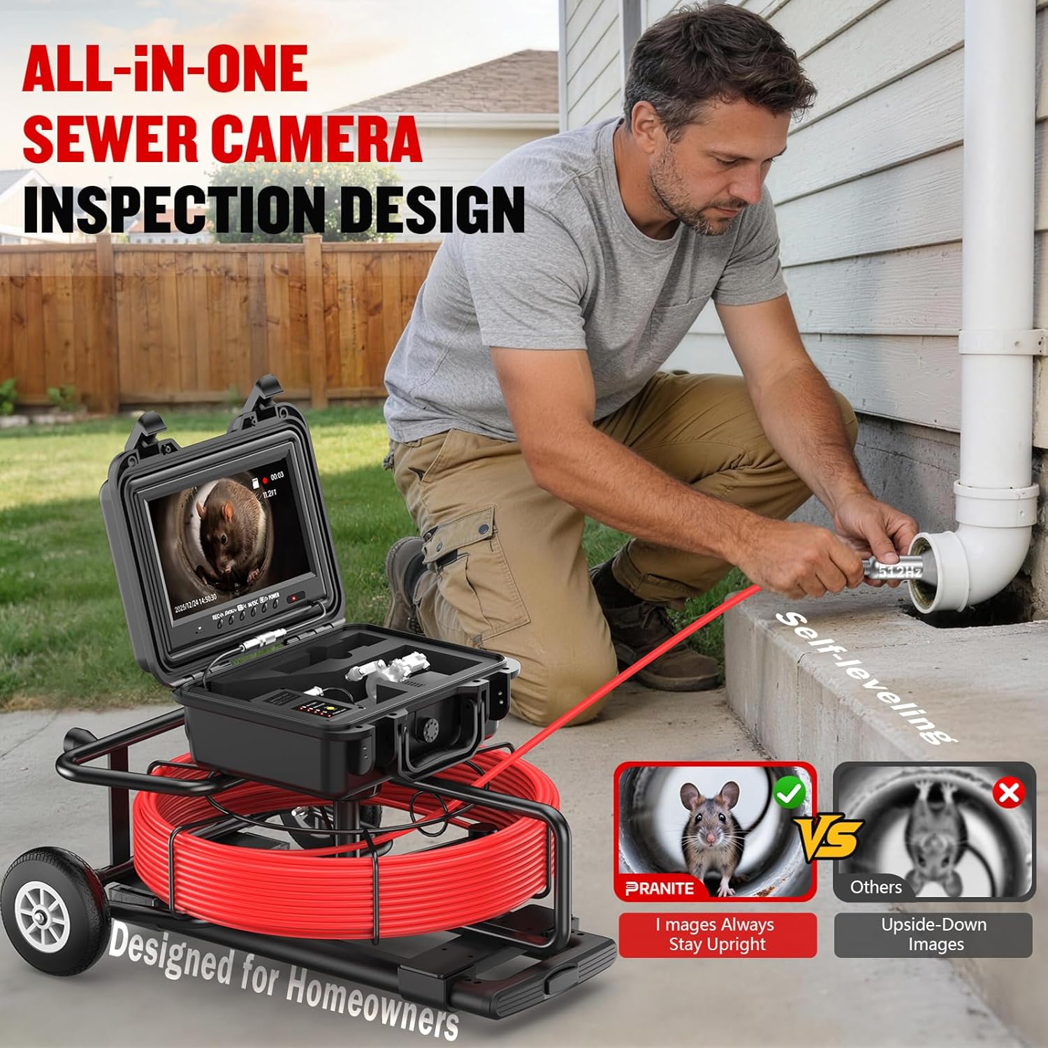 PRANITE Sewer Camera with Locator, Self-Leveling Snake IP68 Waterproof Camera 512HZ Sonde, 9 Inch HD Screen, 32GB TF Card, 200FT Distance Counting Function Included,Sewer Inspection Equipment