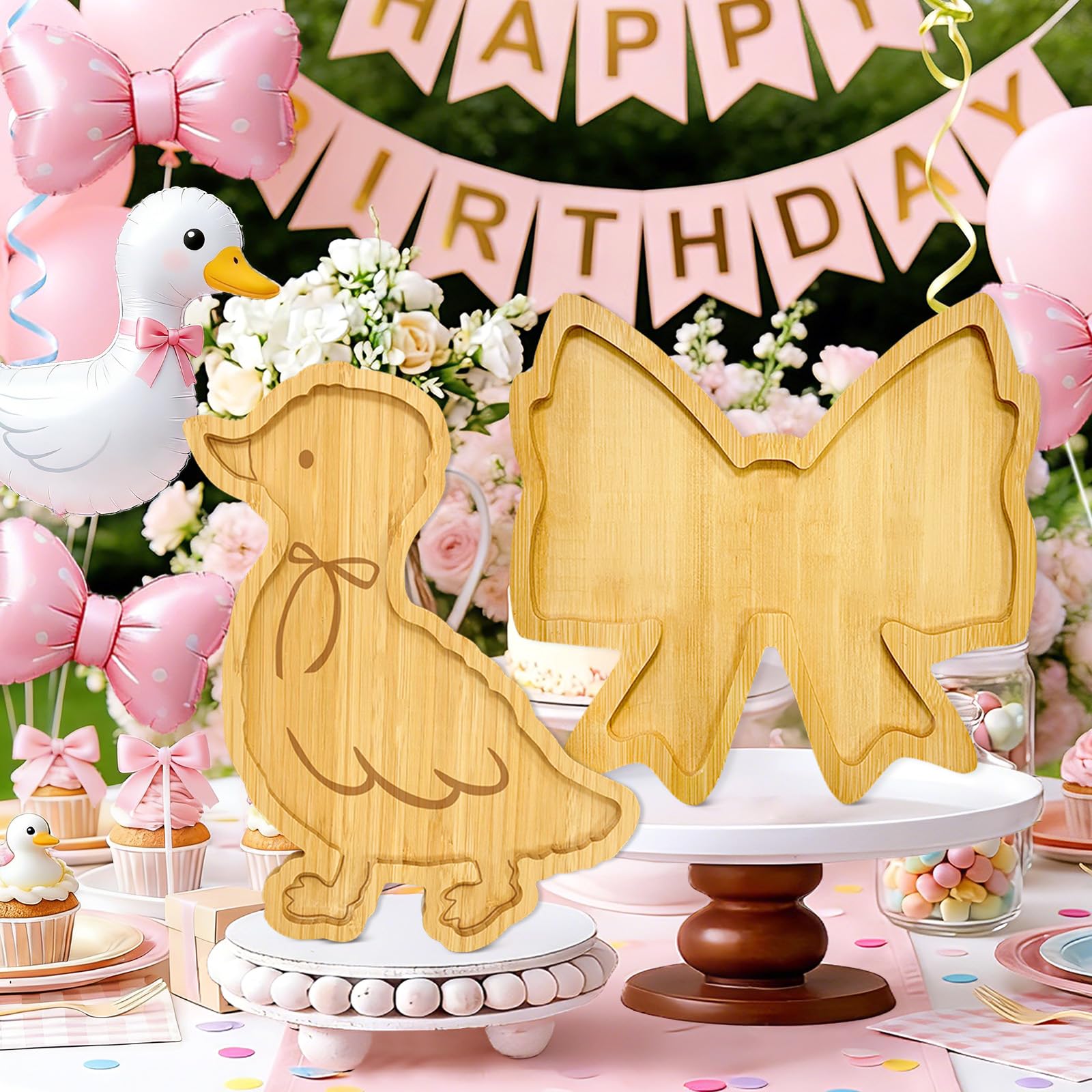 Lot de 2 décorations d'anniversaire en bois d'oie pour bébé fille et garçon, planches à charcuterie, plateaux de nourriture pour fête prénatale, plateaux à coquettes, vaisselle de fête