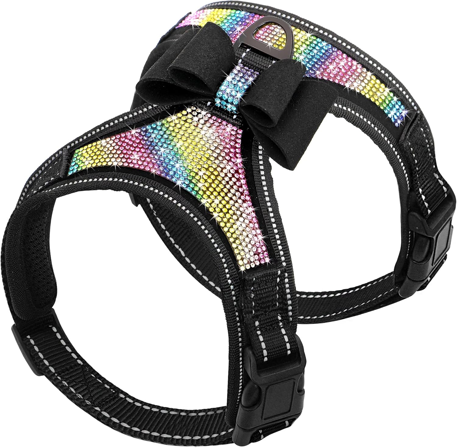 Beirui Soft Fleece Padded Dog Harness for Small Medium Dogs - Cute Rhinestone Dog Vest Harness with Sparkly Bow Tie - Reflective Safety Pet Puppy Harness for Walking and Party (Pink,S:Chest 11-14")