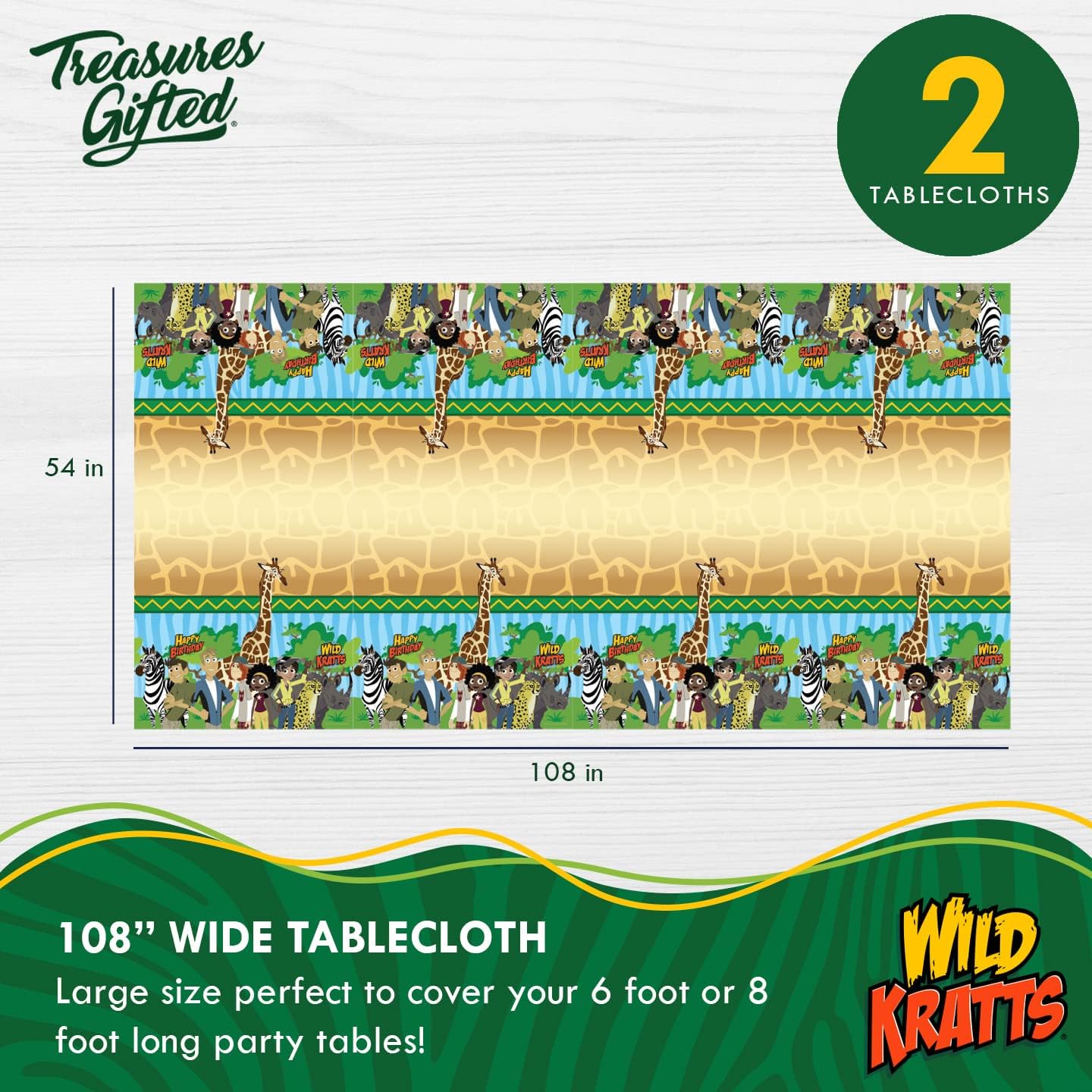 Treasures Gifted Officially Licensed Wild Kratts Birthday Party Supplies - Pack of 2 Tablecloth 54 x 108 Inches - Wild Kratts Party Decorations - Disposable Plastic Happy Birthday Tablecloth image 2