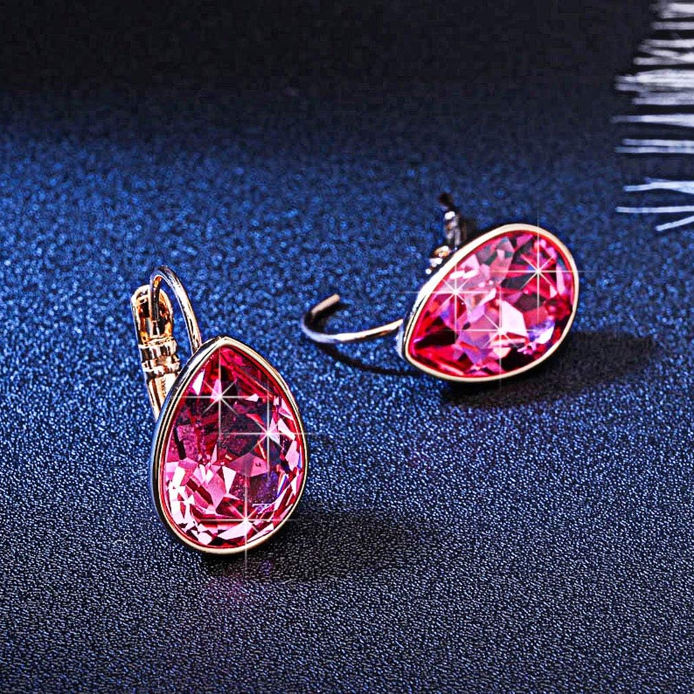 Teardrop Austrian Crystal Leverback Drop Earrings for Women 14K Rose Gold Plated Hypoallergenic Jewelry - Image 3