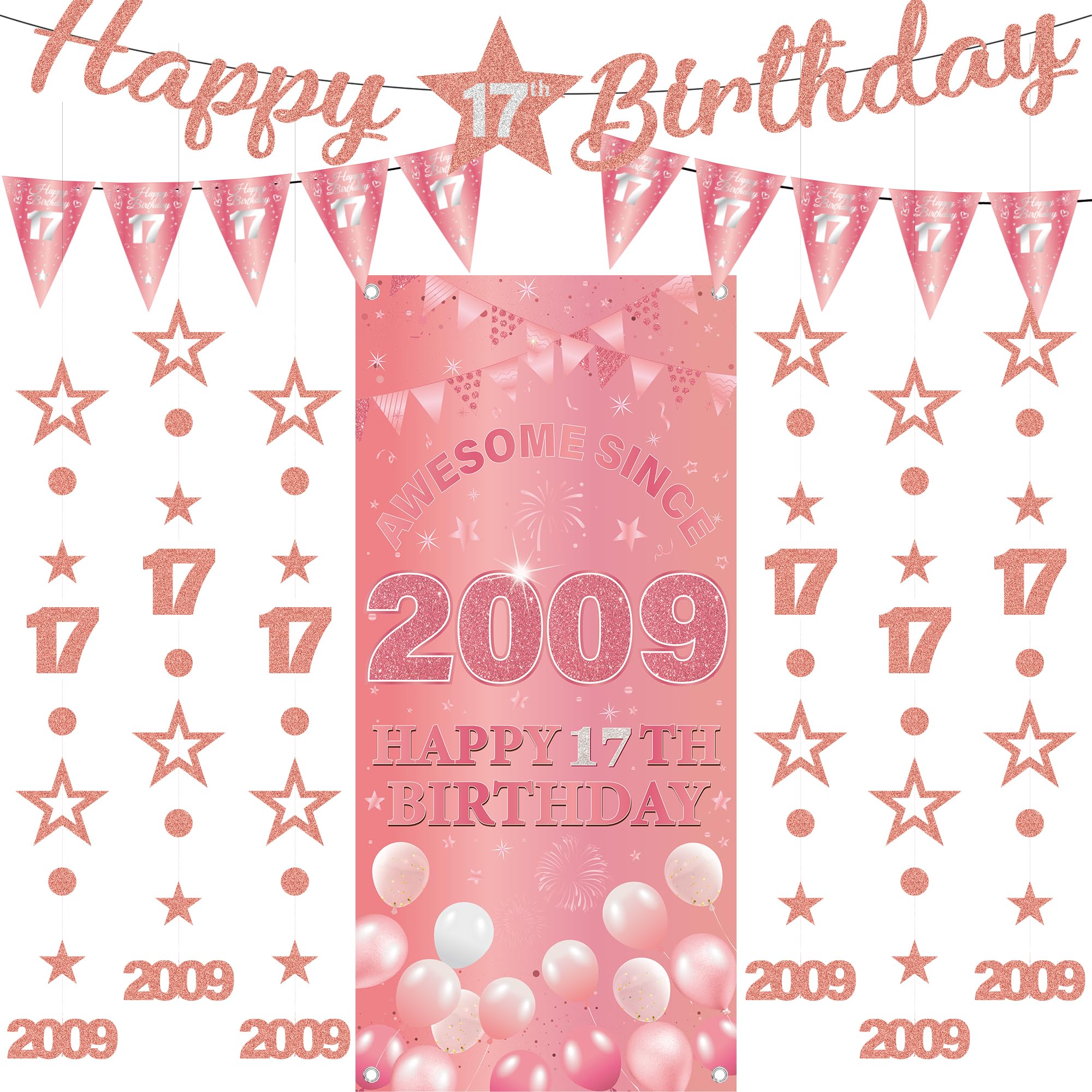 17th Birthday Decorations Girls Banners - 9 Pcs Rose Gold Happy Birthday Banner Awesome Since 2009 Curtain Twinkle Star Dot Hanging Streamer Pennant for Girl 17 Years Old Party Wall Decor Supplies โ image 1
