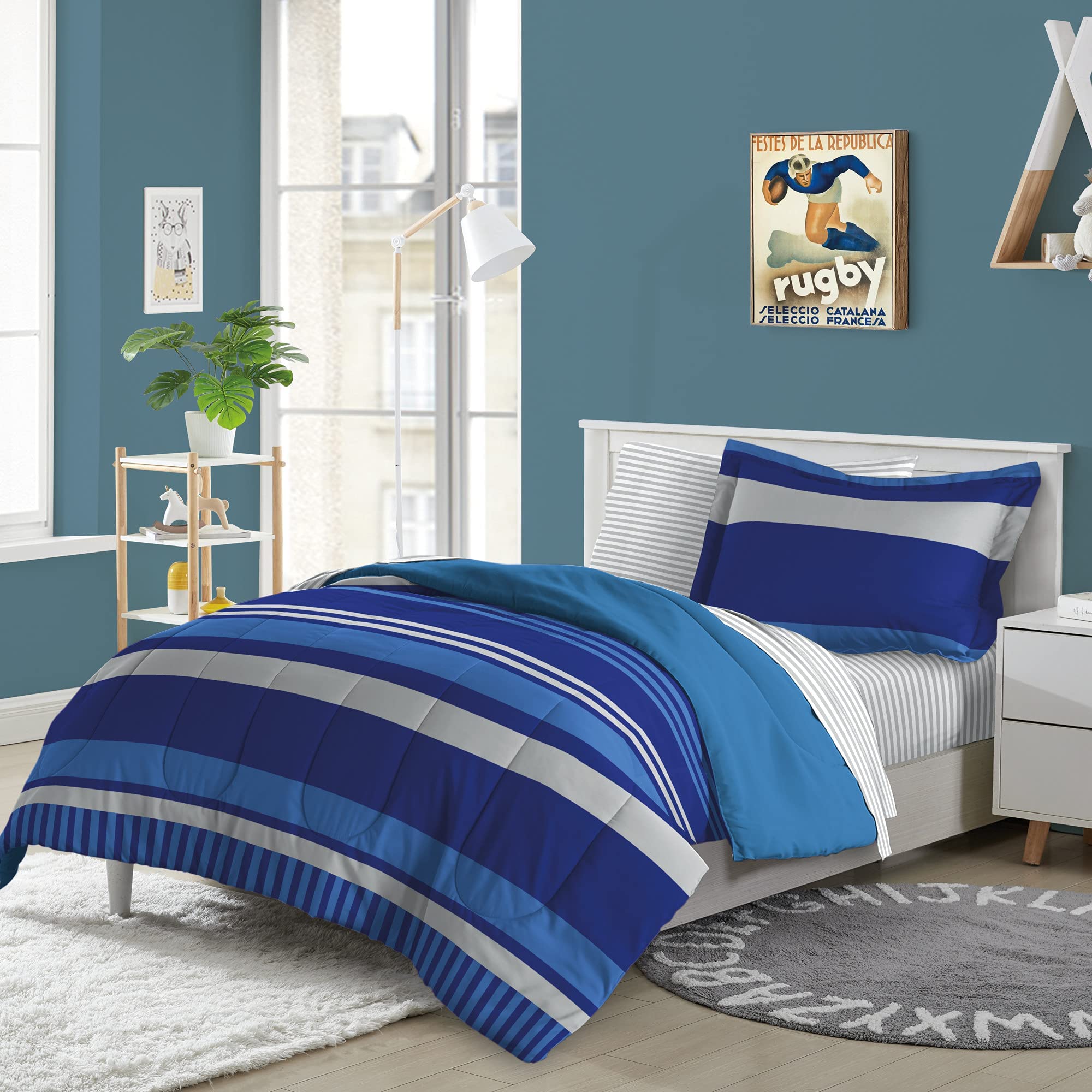 dream FACTORY Kids 7-Piece Complete Bed Set Easy-Wash Super Soft Microfiber Comforter Bedding, Full, Blue Rugby Stripe,2D872702BL