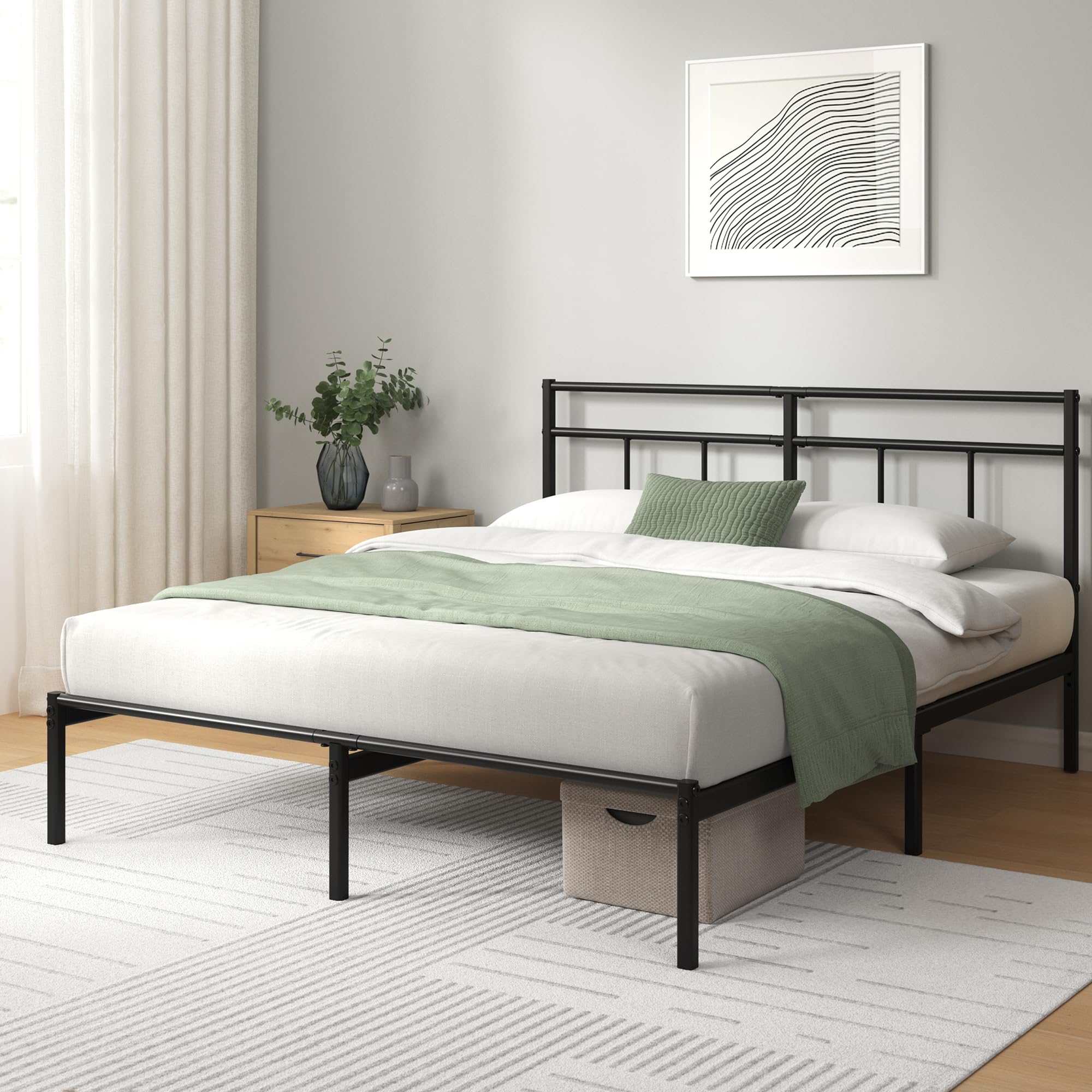 Zinus Elias Sommier 140x190 cm avec Lattes en Métal - Cadre & Tête de Lit 2 Personnes en Métal - Hauteur 30 cm pour Rangement - Montage Facile - Noir