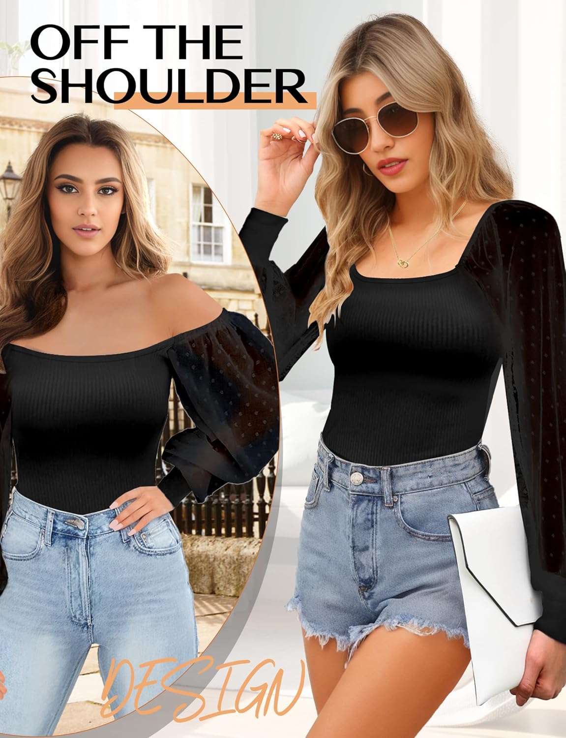 Womens Mesh Long Sleeve Shirts Tops, Square Neck Puff Sleeve Blouses Shirts for Women, Going Out Blouses Fall Tunic Top - Image 2