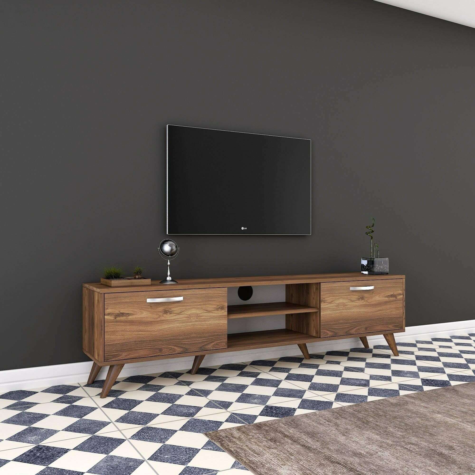 Dmora - Mobile porta TV Aldh, Credenza da soggiorno, Armadio basso per TV, Base parete attrezzata, 180x35h49 cm, Noce