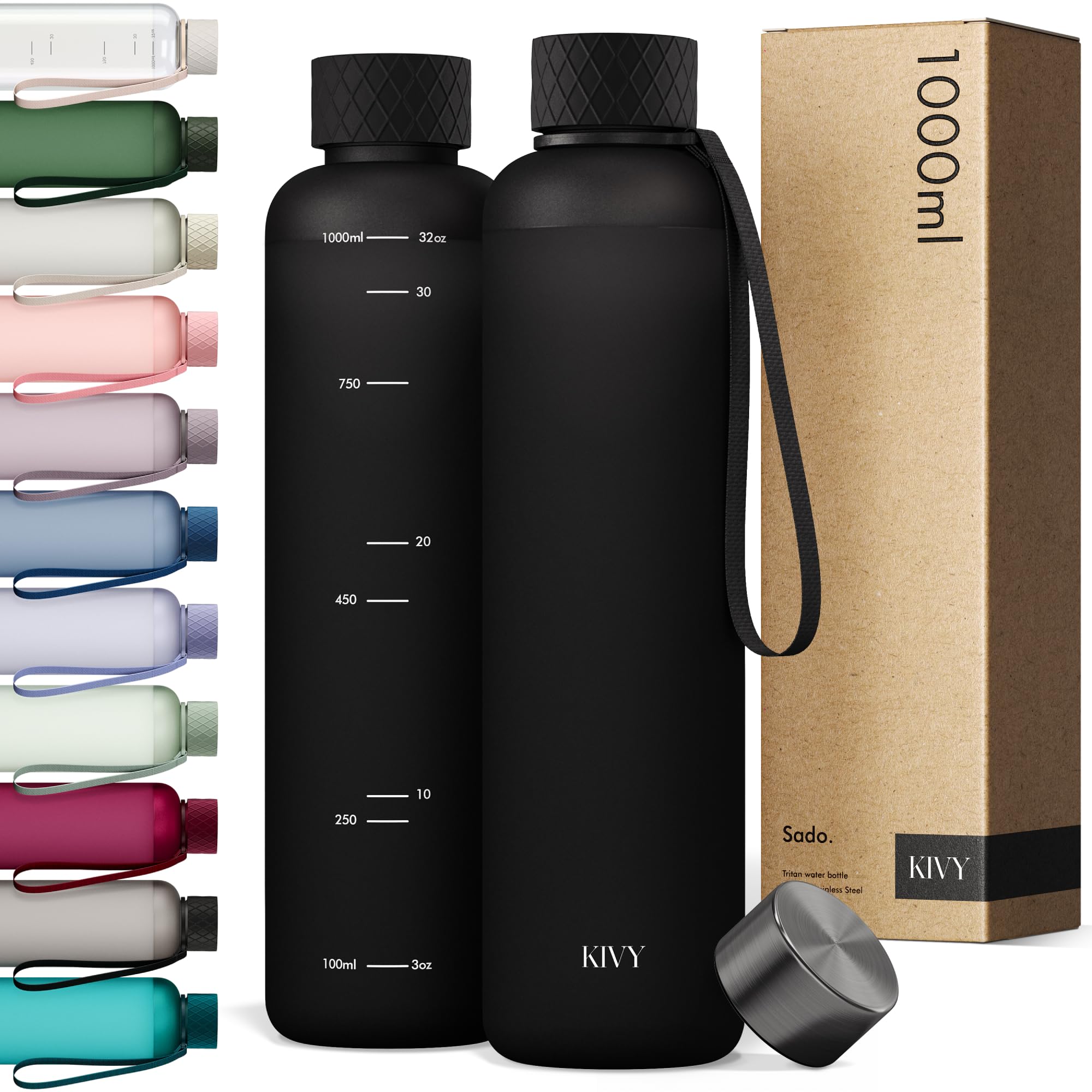 KIVY Borraccia 1 litro - Antigoccia e Antiurto – Perfetta per Sport, Scuola e Ufficio - Borraccia Palestra - Bottiglia 1 Litro - Bottiglia Acqua - Plastica Borracce Sportiva 1l - Senza BPA - Nero