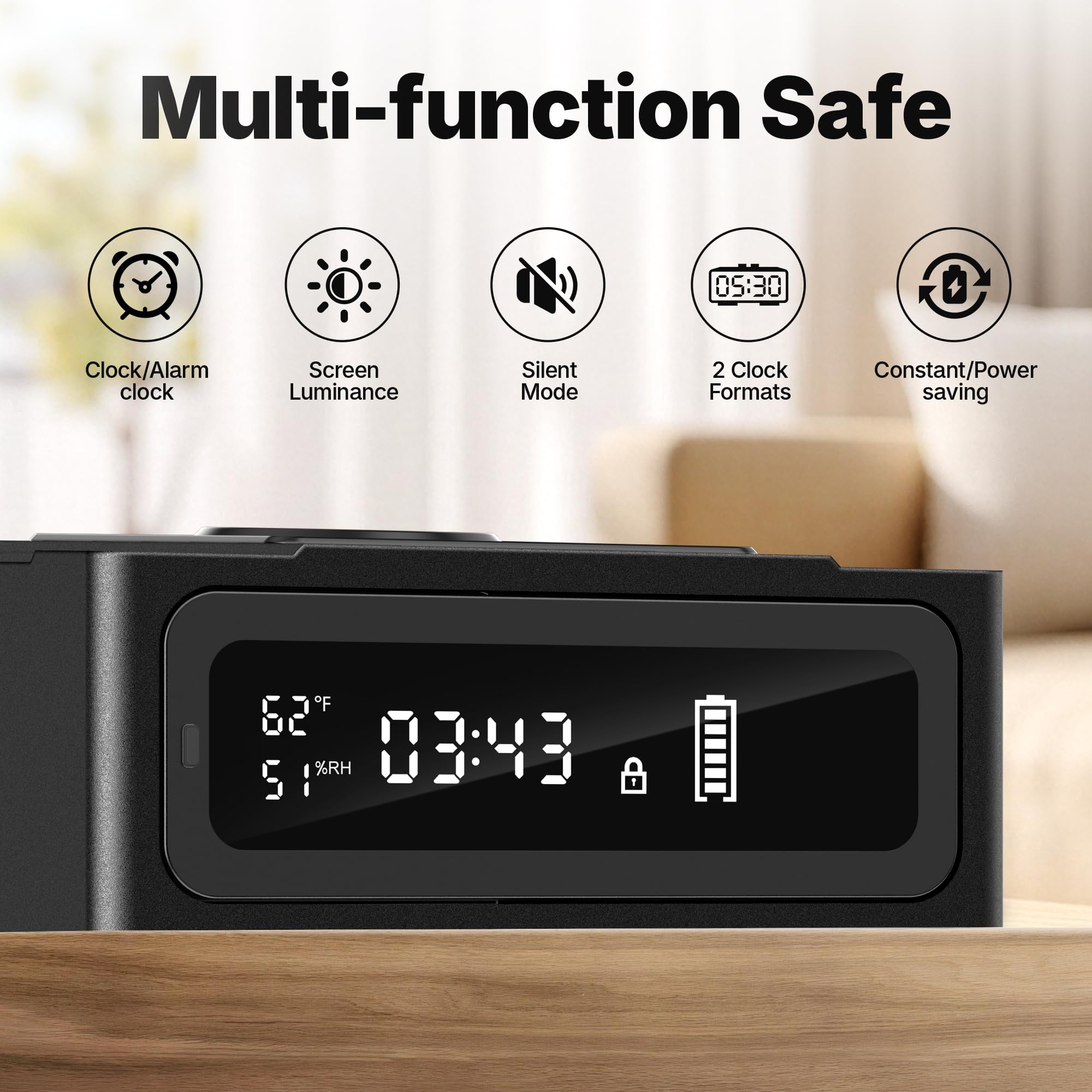 ORARAER Biometric Smart Gun Safe, 3 Quick Access Handgun Safe with Alarm Clock, Heavy Duty Anti-Theft Money Box for Home Security，Bedside Drawer Safe for Table,Closet — view 2