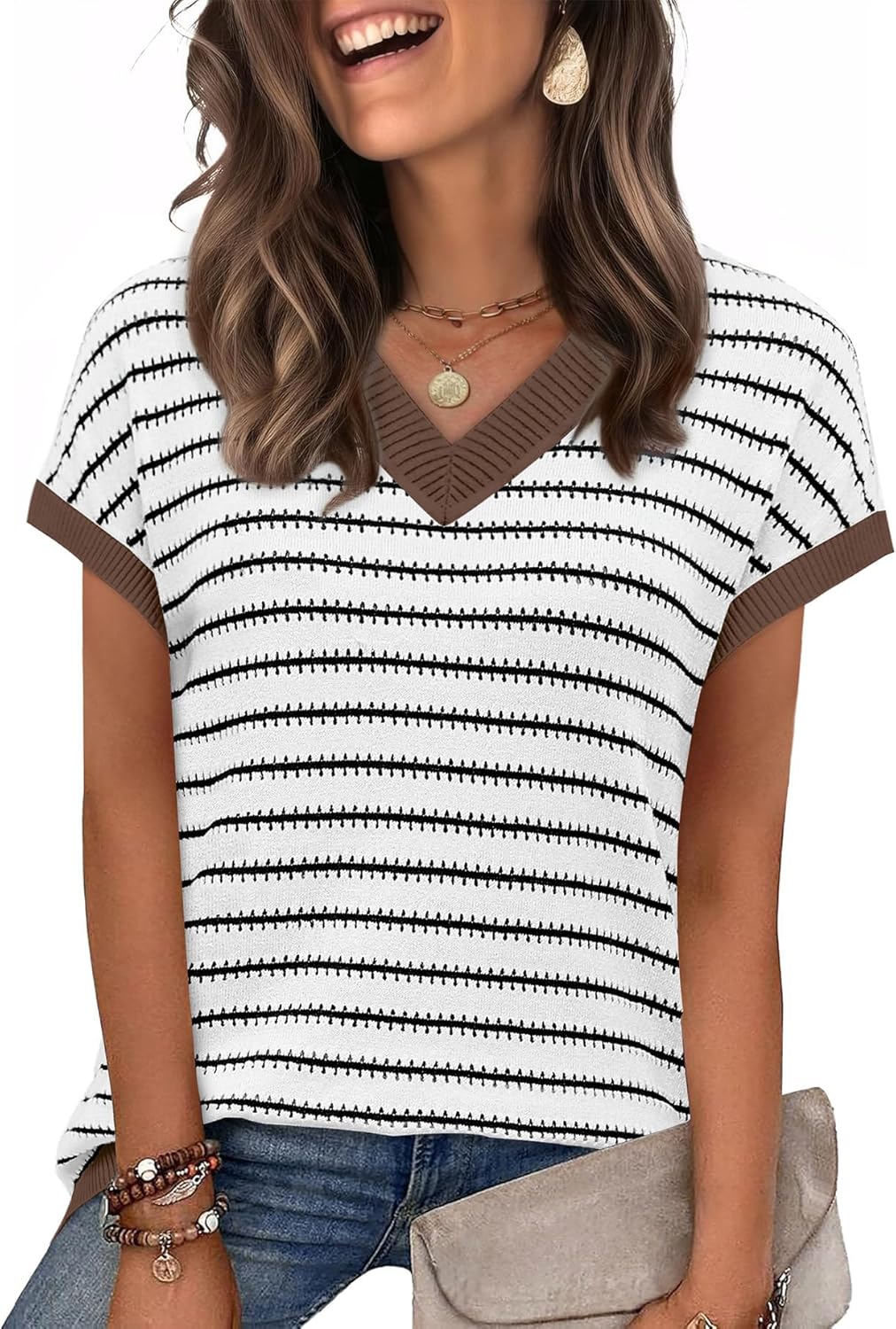 WIHOLL Womens Short Sleeve Sweater V Neck Cute Tops Trendy Spring Summer Striped Pullover Crochet Sweater Vest - Image 2