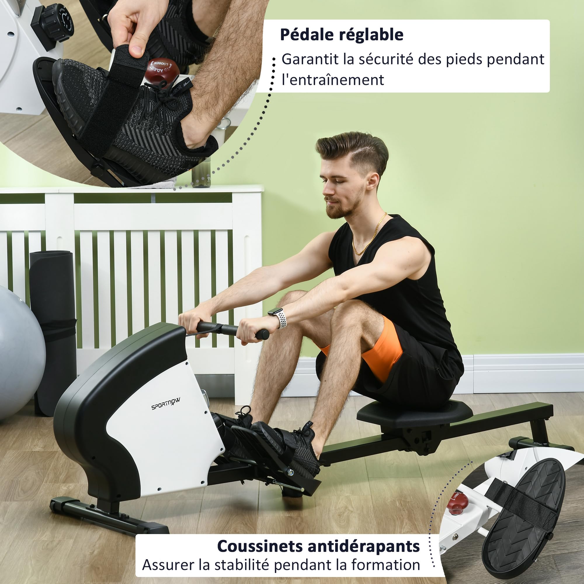 SPORTNOW Rameur d'appartement Pliable, Aosom.FR x FFHandball, avec freinage magnétique Silencieux, 8 Niveaux de résistance, écran Multifonction LCD, en Acier Noir Blanc