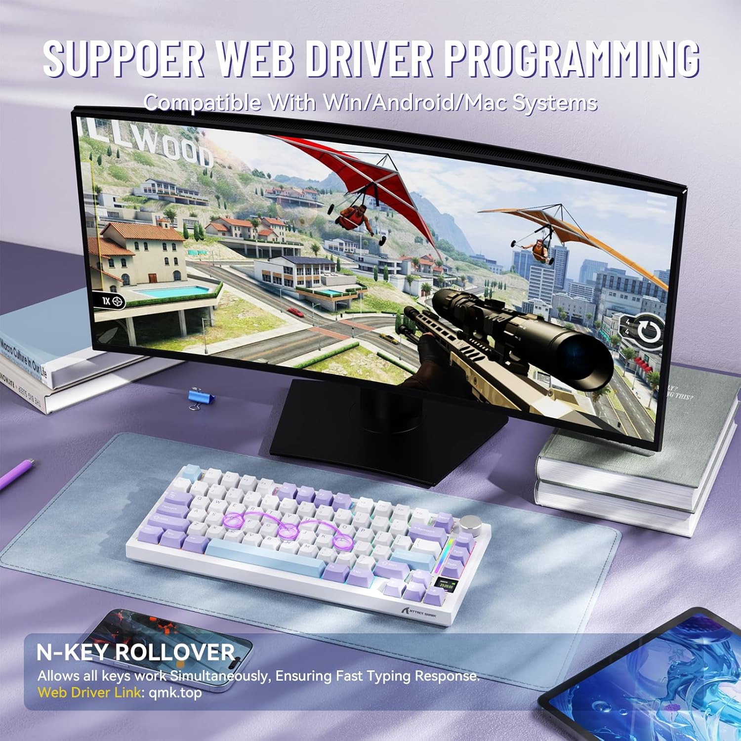 Attack Shark X820 Ultra Wireless Mechanical Keyboard with TFT Smart Display&Knob,75% Bluetooth/2.4GHz/USB-C Wired Gaming Keyboard,Gasket-Mounted Linear Switch,for Win/Mac-White Purple