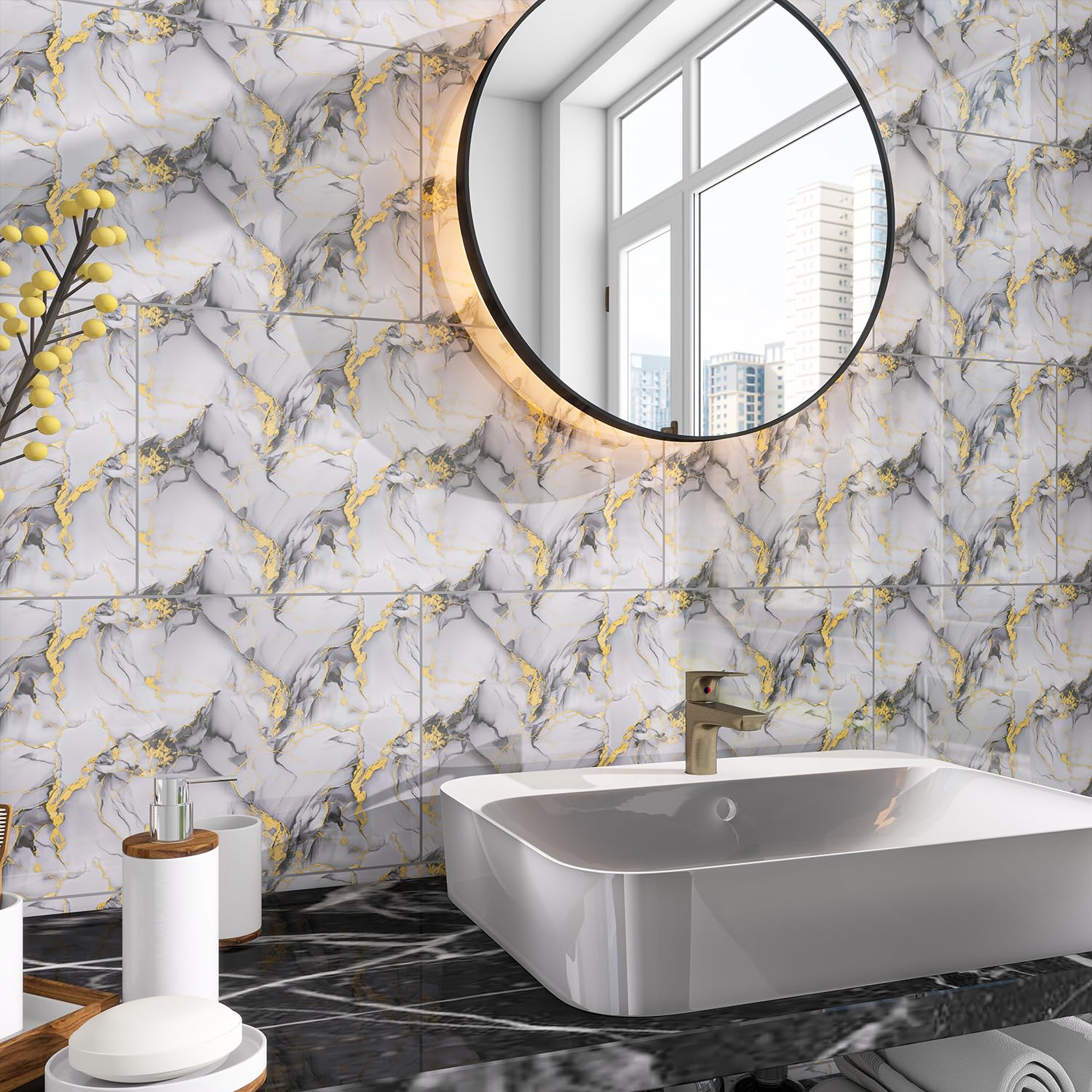 20 sztuk marmurowych backsplash do odklejania i naklejania, wodoodporne, 59,9 x 30 cm, panele ścienne PCW, marmurowe płytki piankowe PCW, tylna strona kleju natryskowego na płytkach (nie prawdziwe