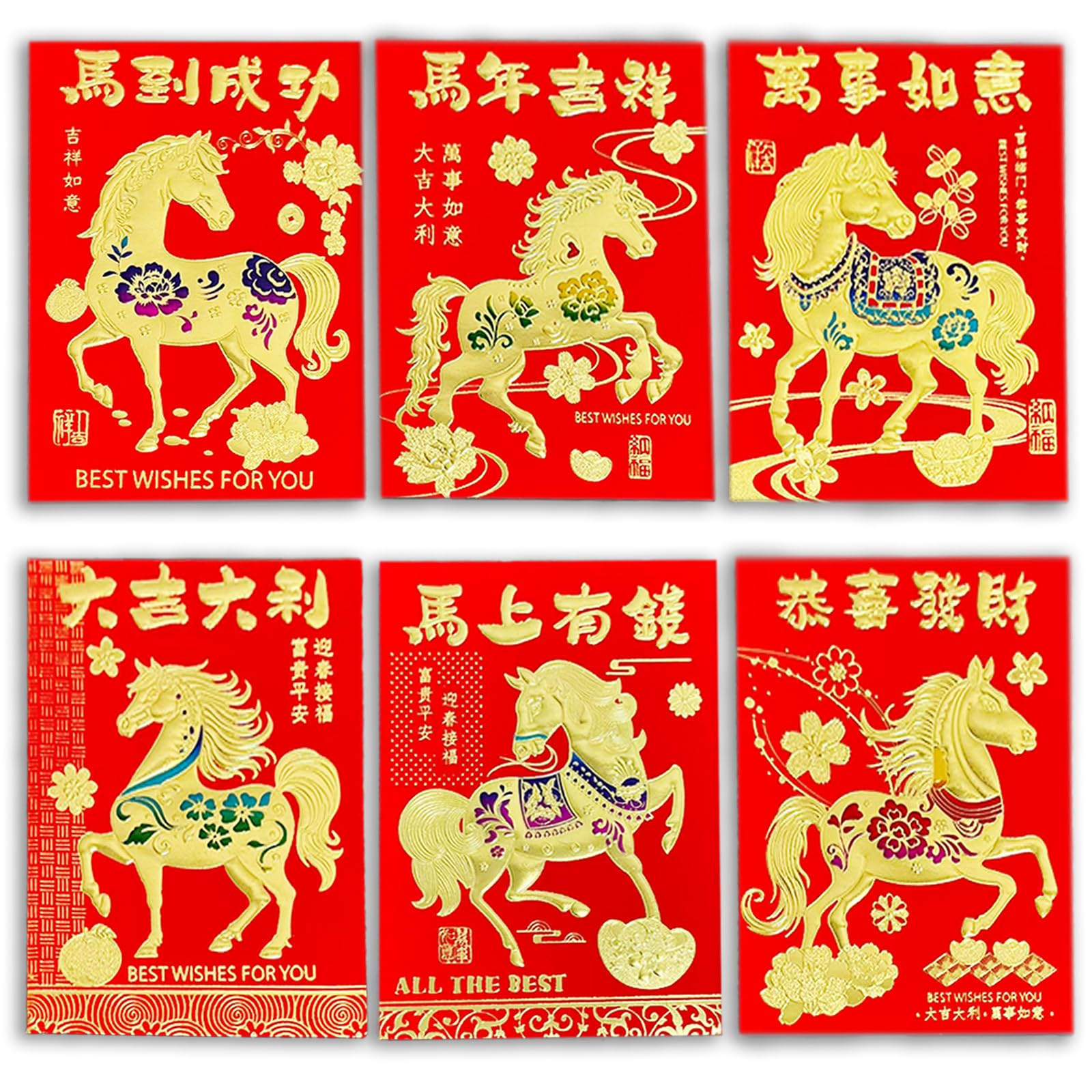 Bedemu 36Pcs Chinese New Year Red Envelopes 2026, Lunar New Year of The Horse Envelopes with 6 Unique Gold Embossed Designs, Lucky Money Red Packets