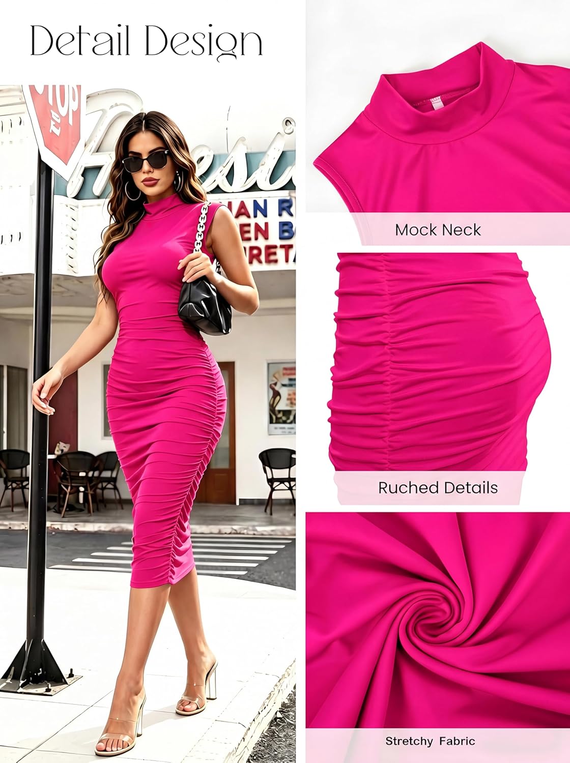 Ekaliy Women's Ruched Bodycon Midi Dress Mock Neck Sleeveless Pencil Dresses