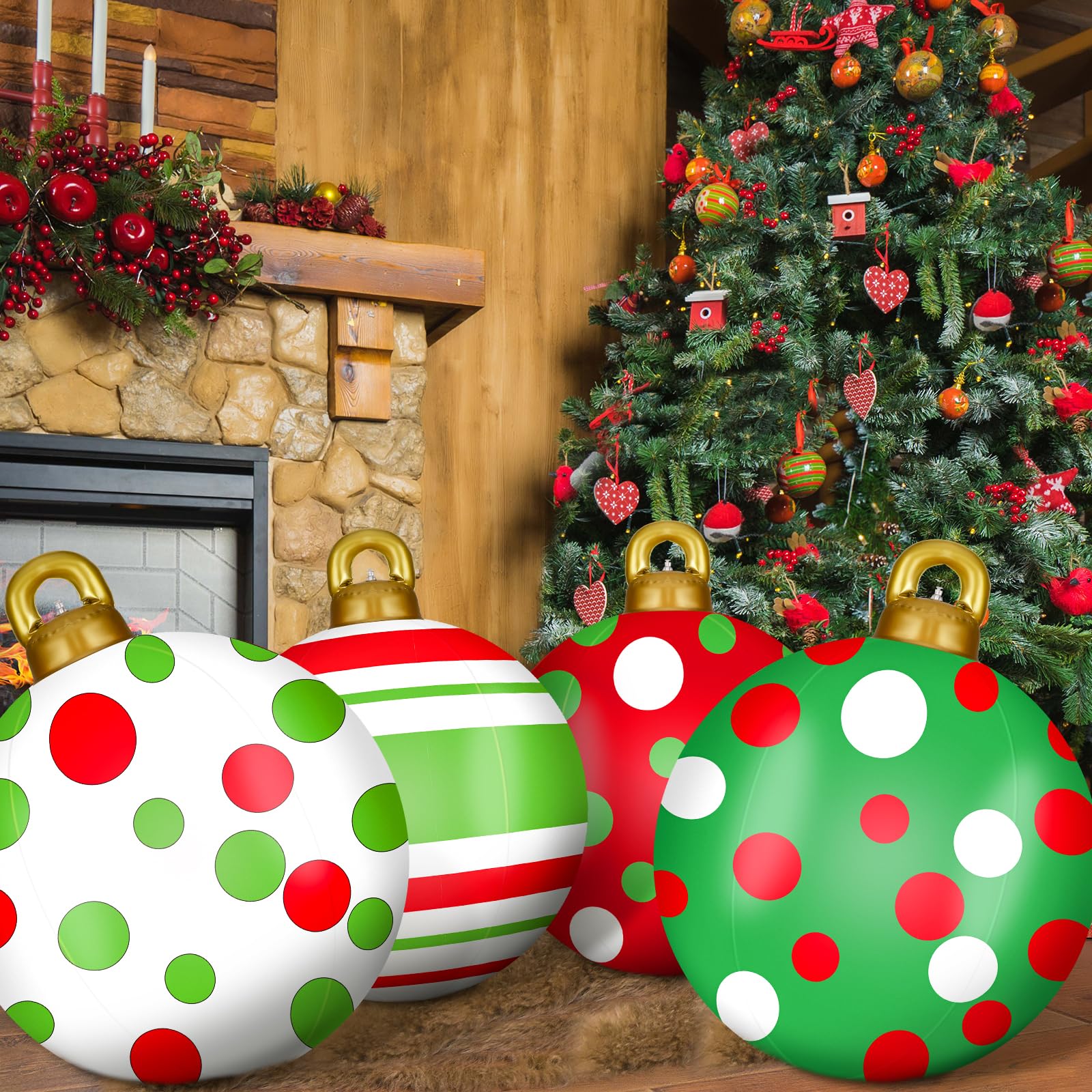 Jetec Lot de 4 grandes boules de Noël gonflables géantes de 81,3 cm en PVC pour l'extérieur, cour, pelouse, porche (rouge, vert, blanc, rayures)