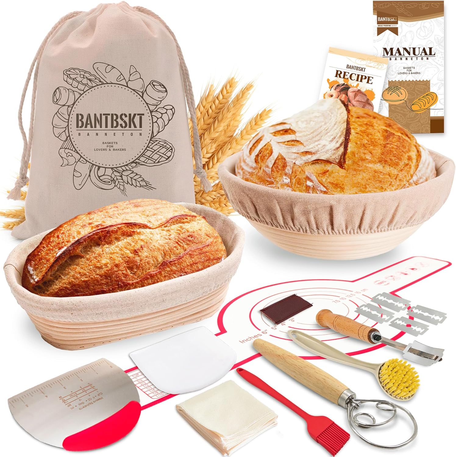 Banneton Bread Proofing Basket Set, Sourdough Starter Kit, 10'' Oval & 9'' Round Proofing Baskets with Full Set of Bread Making Kit, Sourdough Bread Baking Supplies, Baking Gifts (9" Round & 10" Oval+Set) Thumbnail