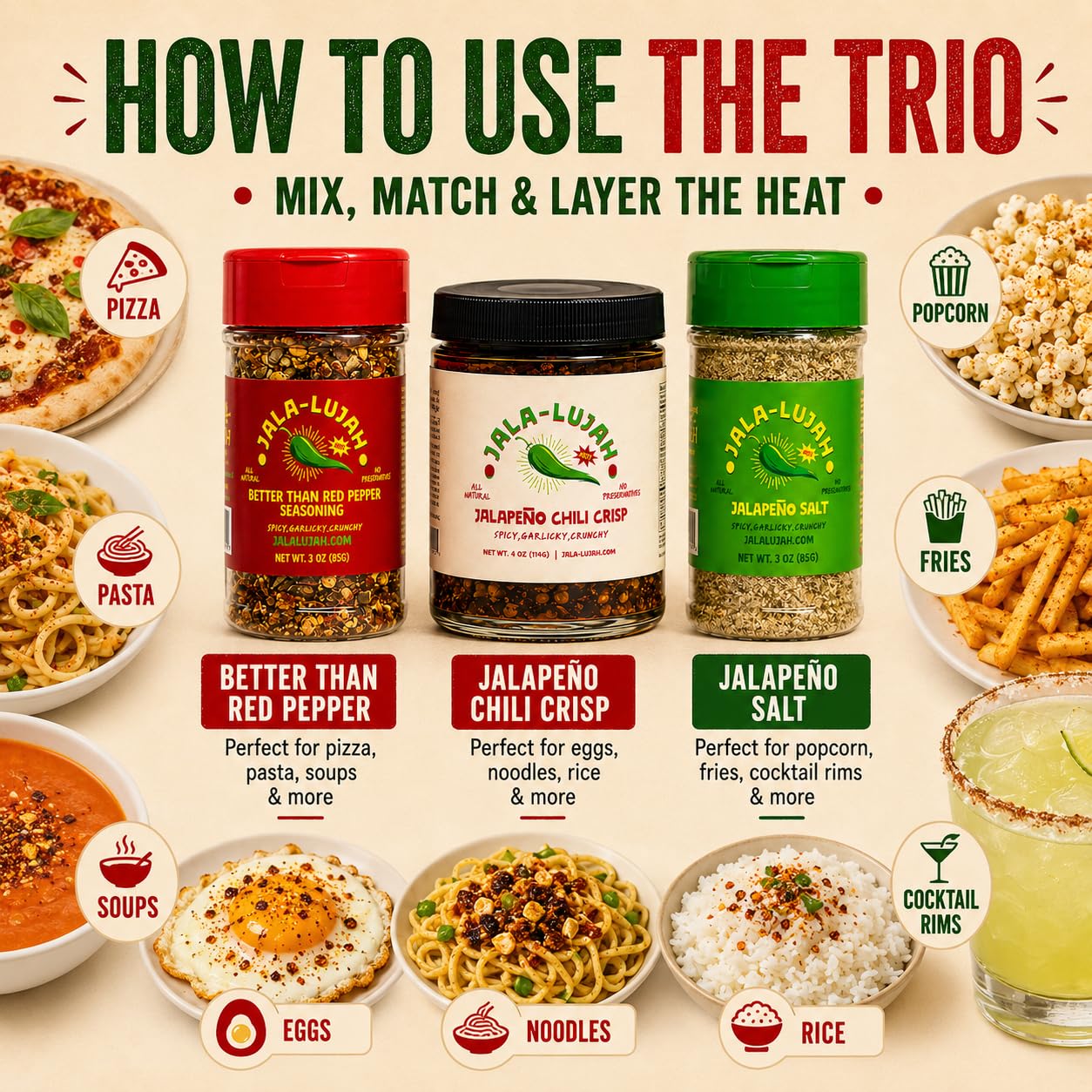 Jala-Lujah Spicy Flavor Trio, 3-Piece Chili Crisp & Seasoning Set image 2