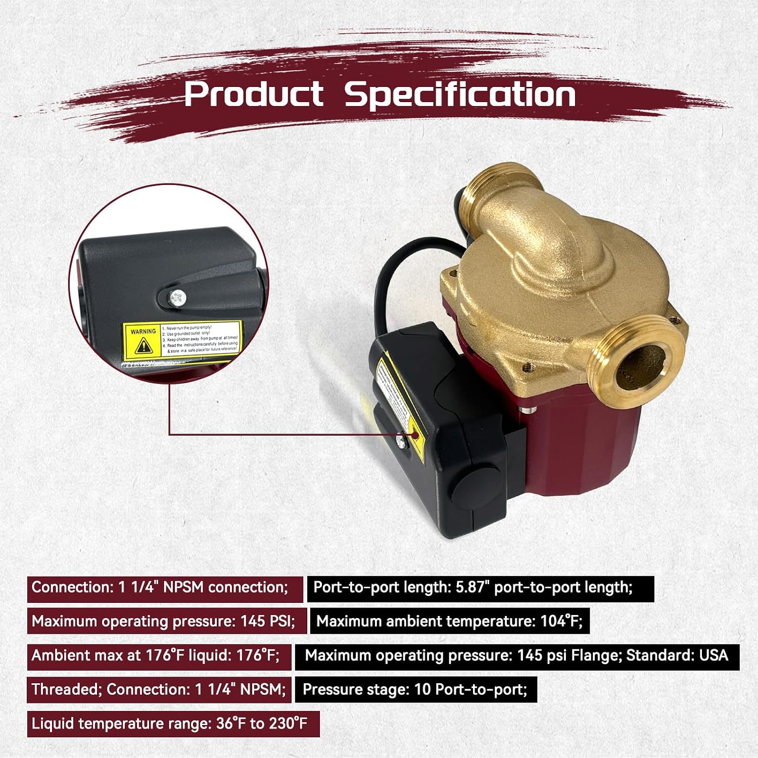 59896776 UP15-29SU/LC Non-Submersible Circulator Pump 115V, 1/8 HP, 1-1/4" Union NPSM, Canned Rotor Pump with Copper Construction, for G-rundfos UP15-29SU/LC
