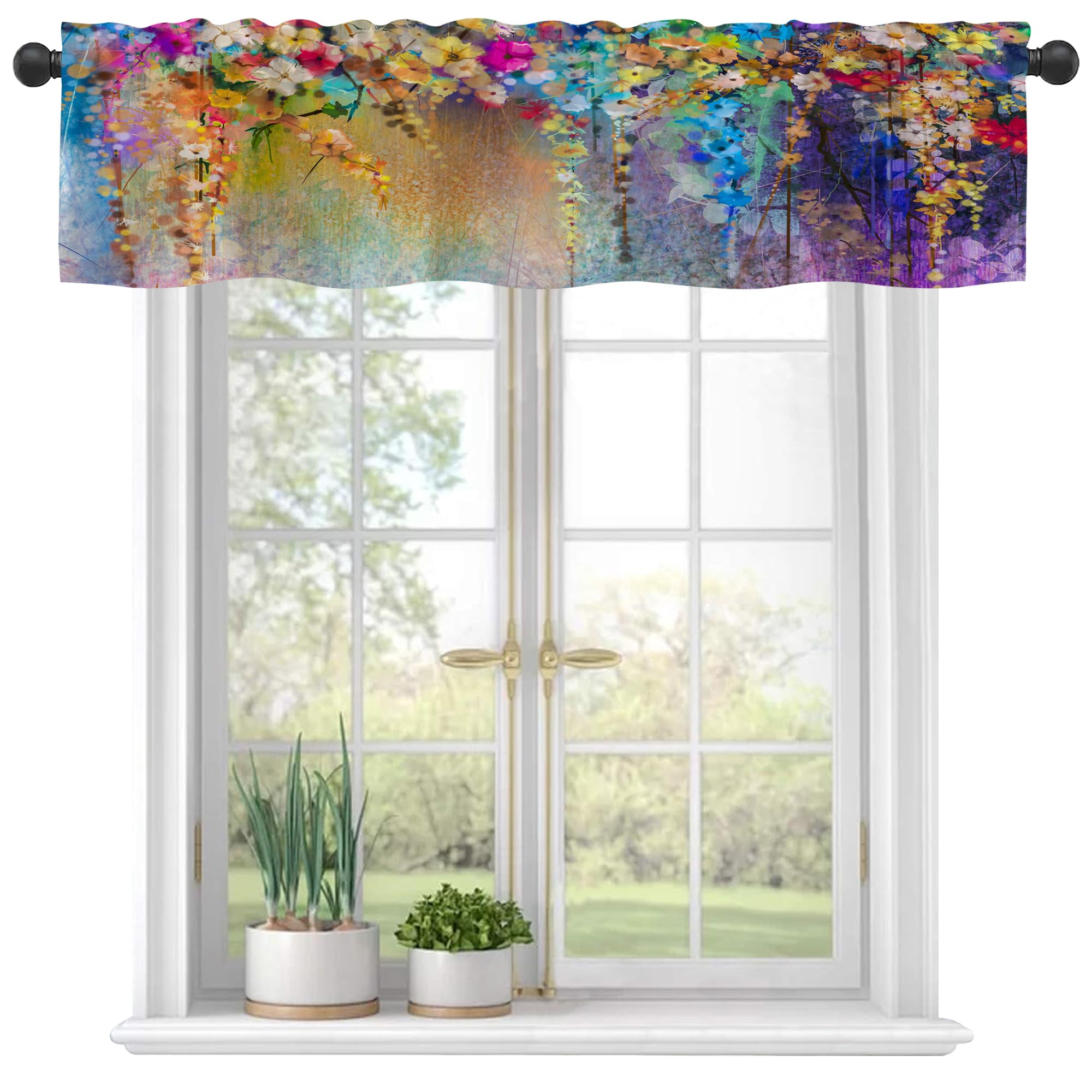 Curtain Valances, Watercolor Purple Floral Painting Semi Sheer Curtain Valances, Rod Pocket Short Window Treatment Light Filtering Decor Valances for