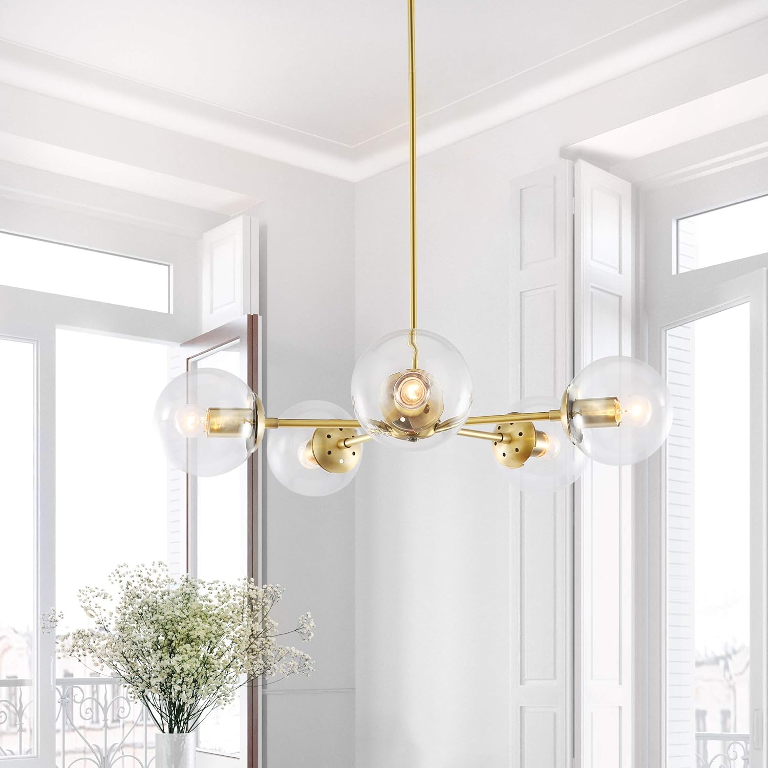 Exclusive Discount 60% Price Light Society Grammercy 5-Light Chandelier Pendant, Brushed Brass with Clear Glass Globes, Classic Mid Century Modern Lighting Fixture (LS-C228-BRS-CLR)
