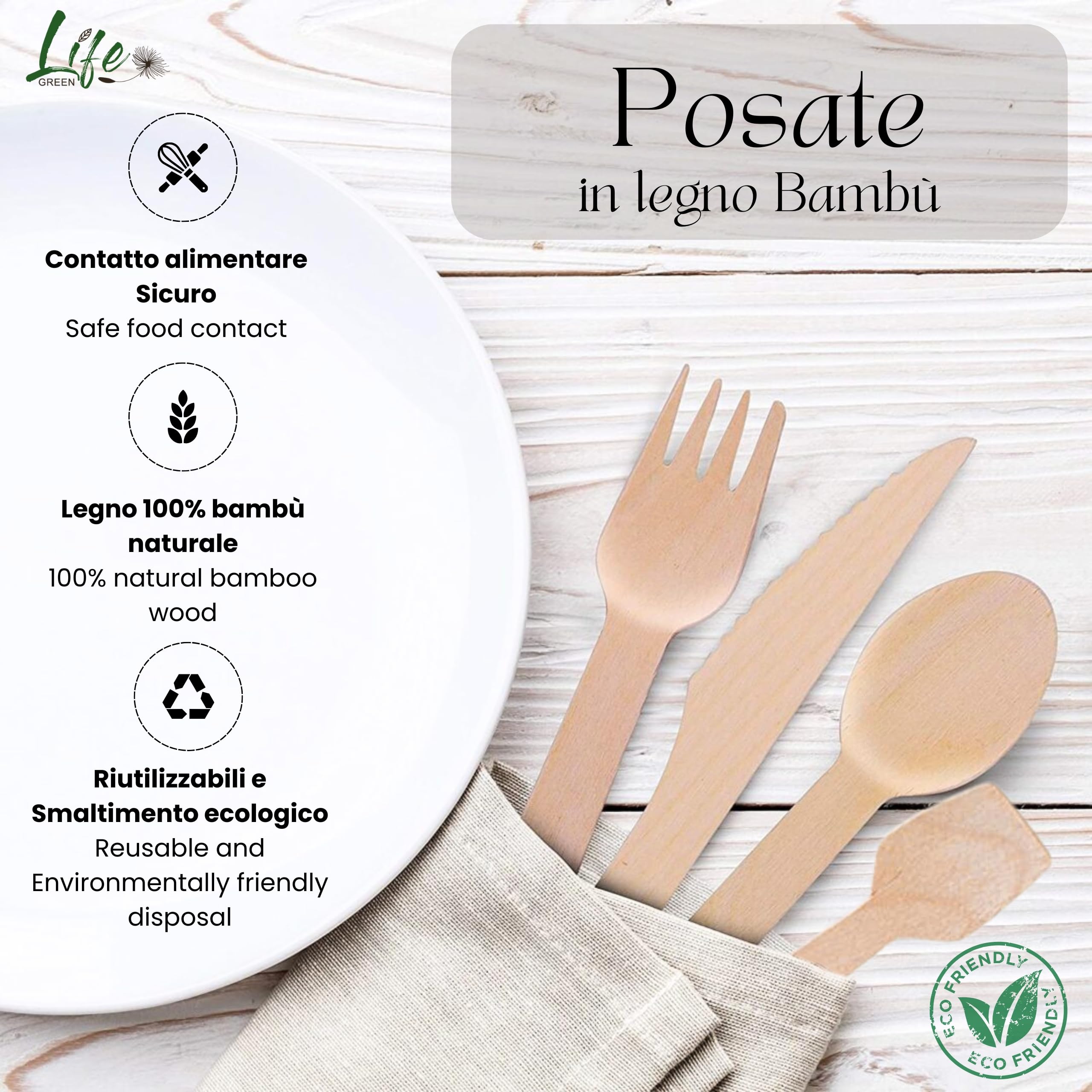 Coltelli Legno Bambù Monouso Ecologici, Set da 144 Pezzi, Posate Biodegradabili e Riutilizzabili