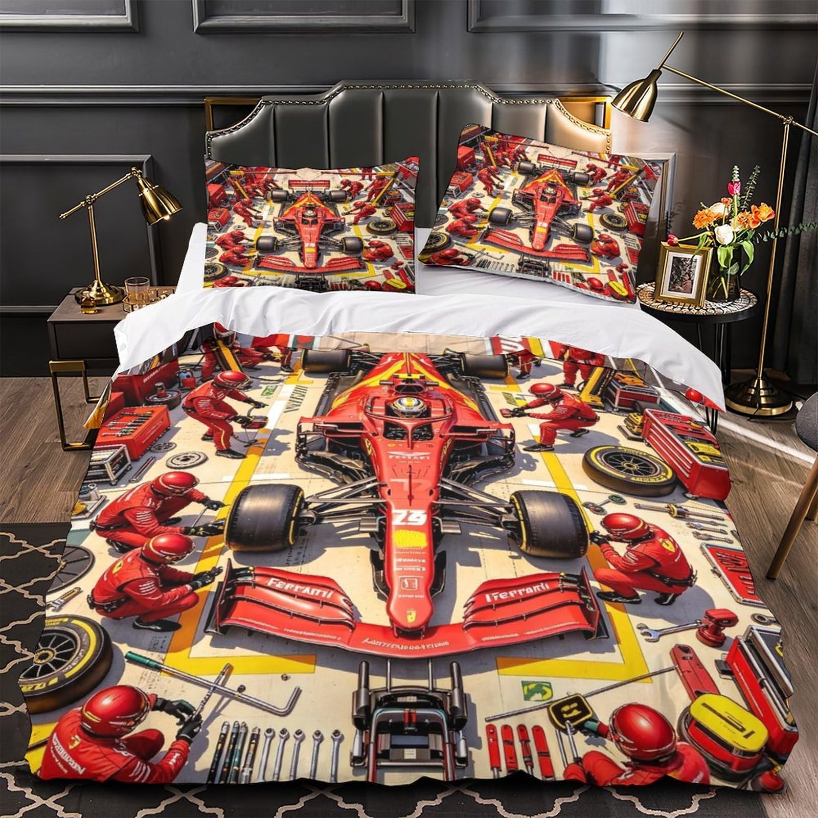 XiaopangXY Lovingly Formulaa Racing Comforter Cover Double（200x200cm）, Pit Stop Duvet Cover with Pillowcases, Soft Microfiber Pit Stop Quilt Cover for Boys & Girls