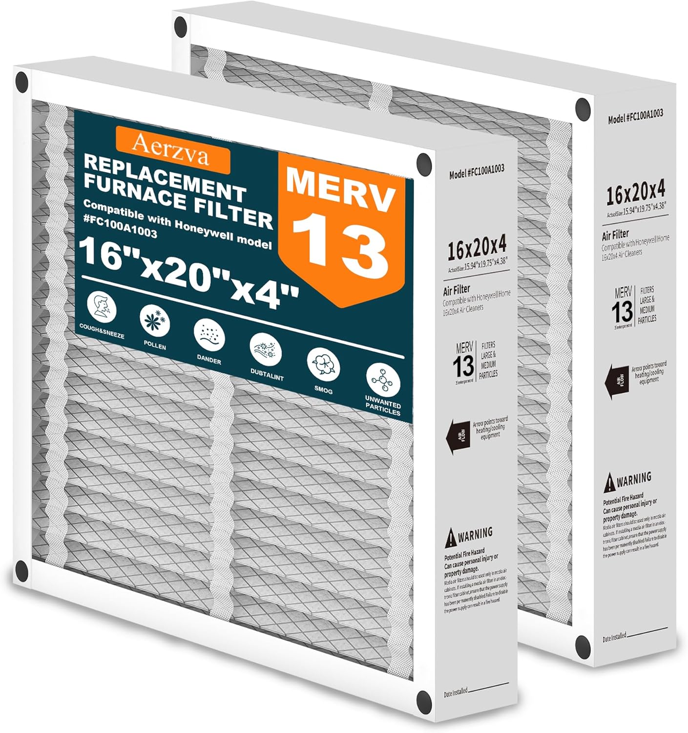 2-Pack 16x20x4 Air Filter Compatible with Honeywell FC100A1003, MERV 13 HVAC Furnace Filter Replacement, Actual Size:15.94"x19.75"x4.38"